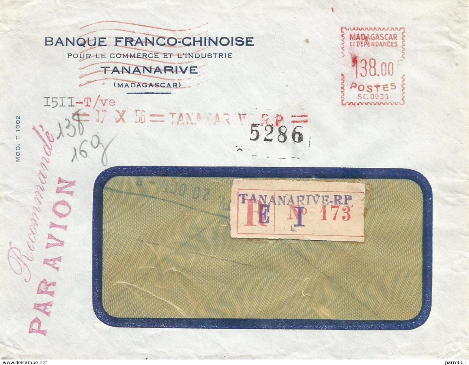 Madagascar 1956 Tananarive Satas &ldquo;SC&rdquo; 0035 EMA Meter Registered Cover - Brieven En Documenten