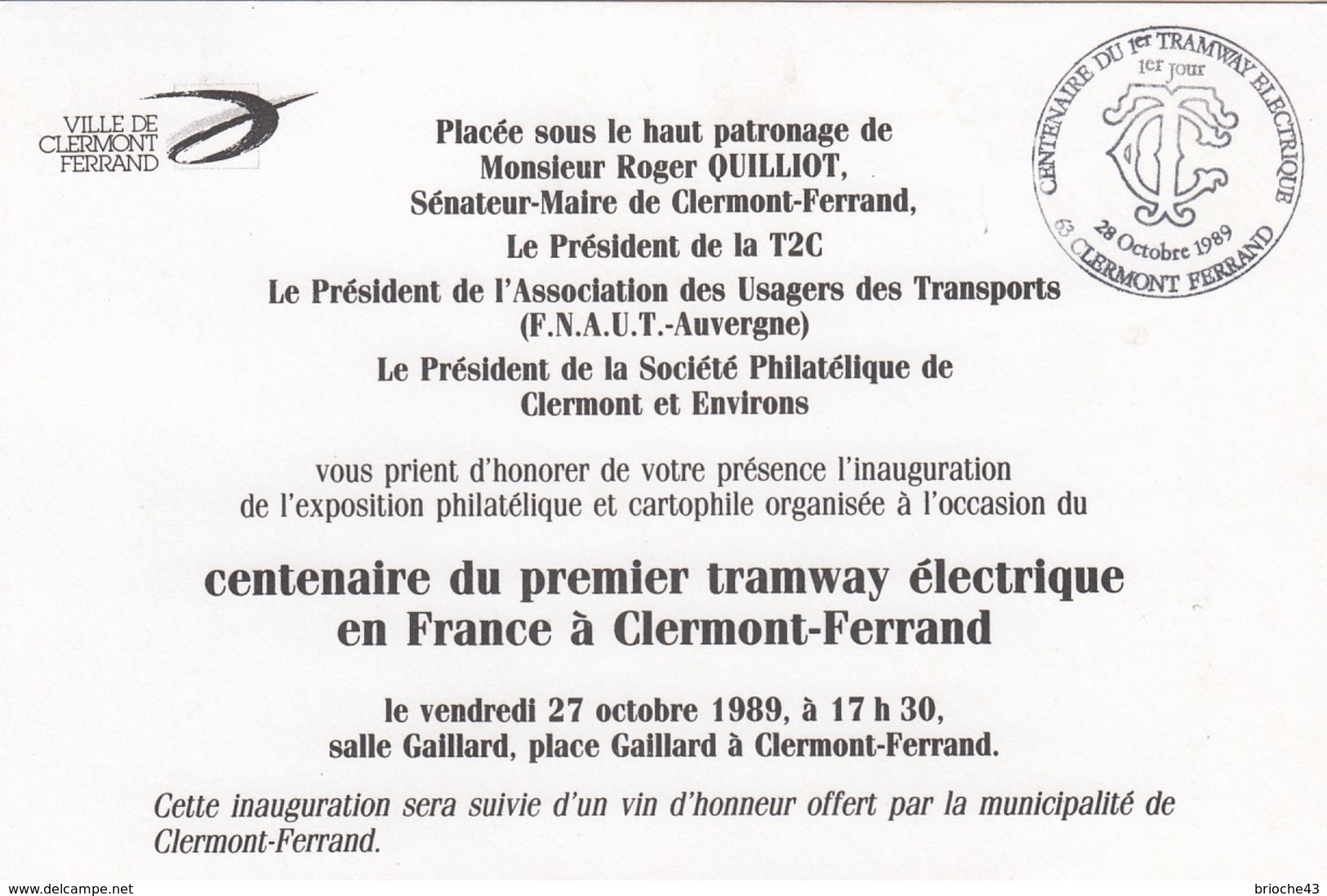 FRANCE - CARTE MAXIMUM CENTENAIRE DU TRAMWAY ELECTRIQUE 28 OCT 1989 CLERMONT-FERRAND 63 - INVIT. INAUG. EXPO AU DOS/ 1 - 2010-2019