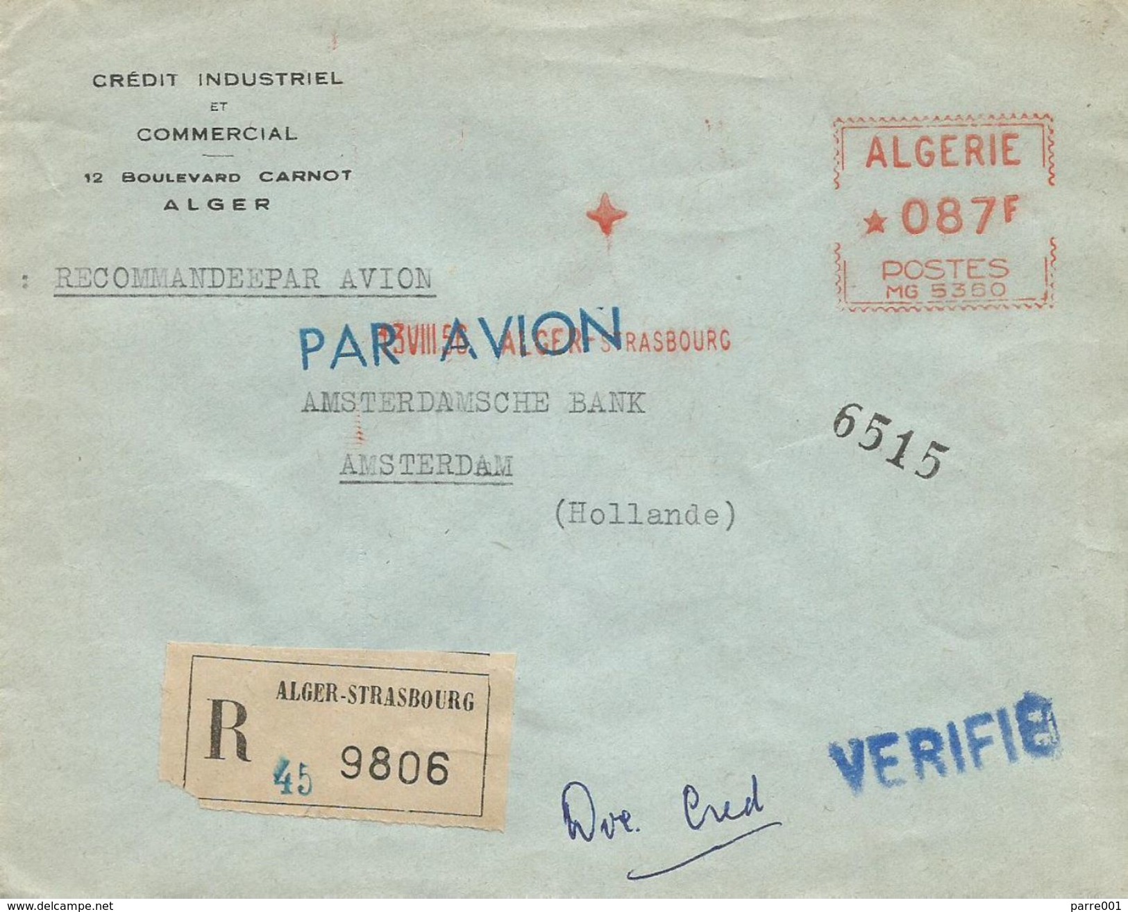 Algerie Algeria 1956 Alger-Strasbourg Havas &ldquo;MG&rdquo; 5360 EMA Meter Registered Cover - Brieven En Documenten