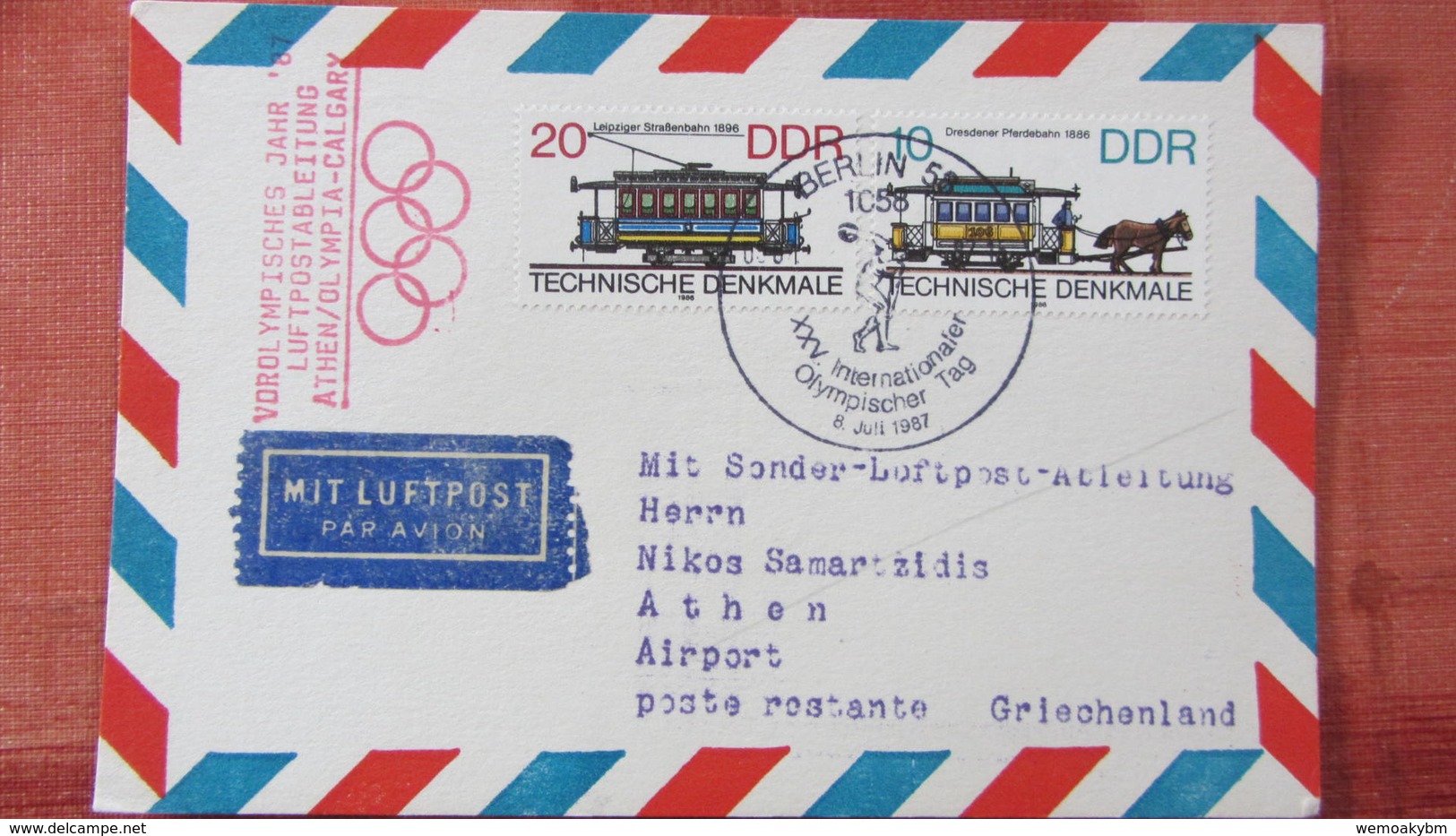DDR Nach 64: Sonderflug-Karte Zum Intern. Olymp. Tag In Athen Mit Bestätigungsstpl. Vom 8.Juli 1987  Knr: 3015, 3016 - Airmail