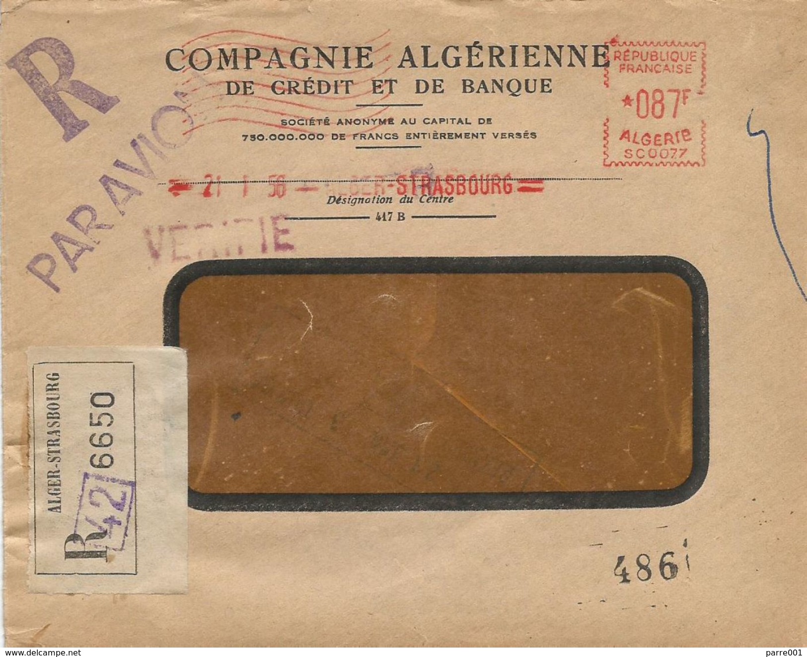 Algerie Algeria 1956 Alger-Strasbourg Satas &ldquo;SC&rdquo; 0077 EMA Meter Registered Cover - Brieven En Documenten