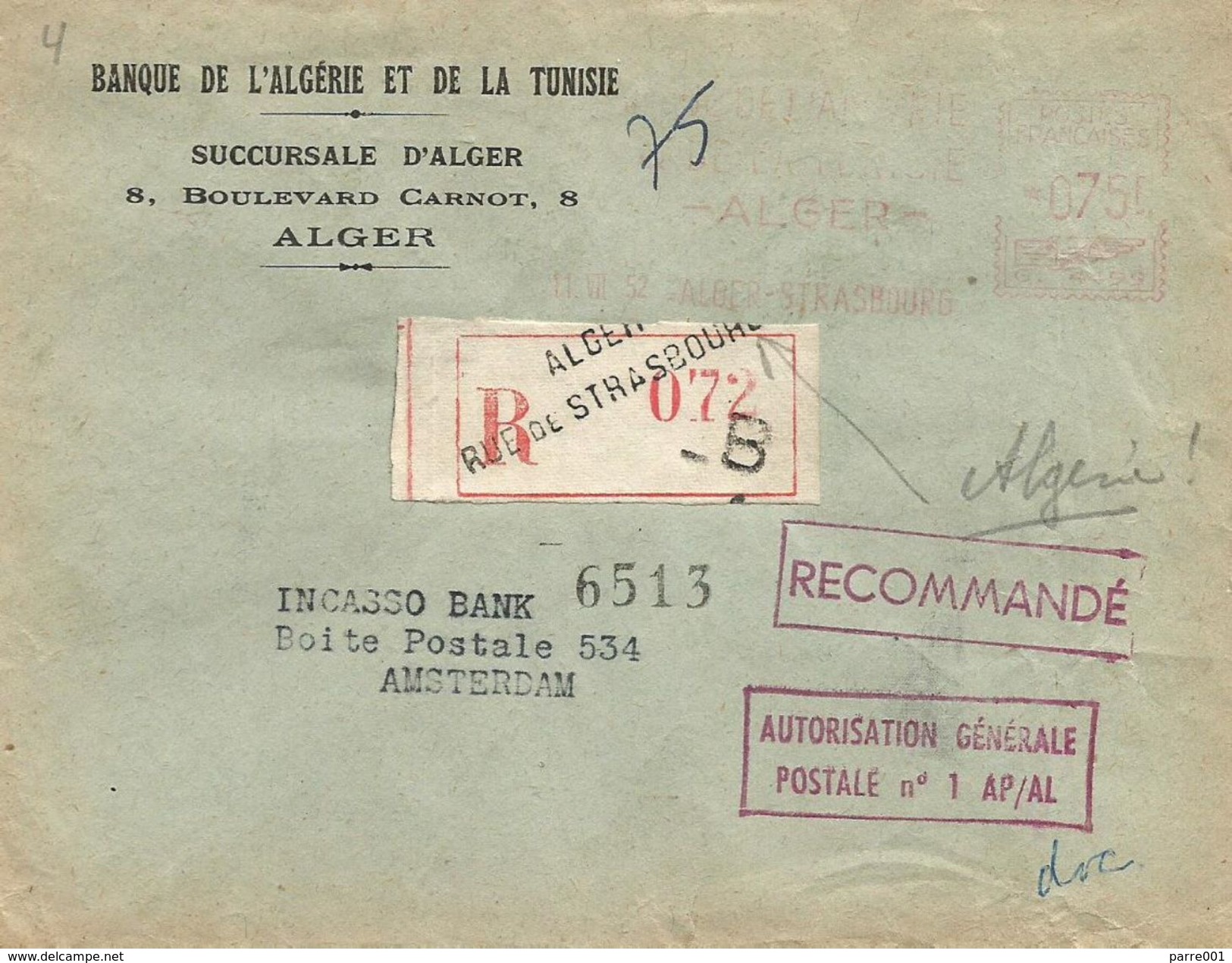 Algerie Algeria 1952 Alger-Strasbourg Havas Winged &ldquo;G&rdquo; 4499 EMA Meter Registered Cover - Brieven En Documenten