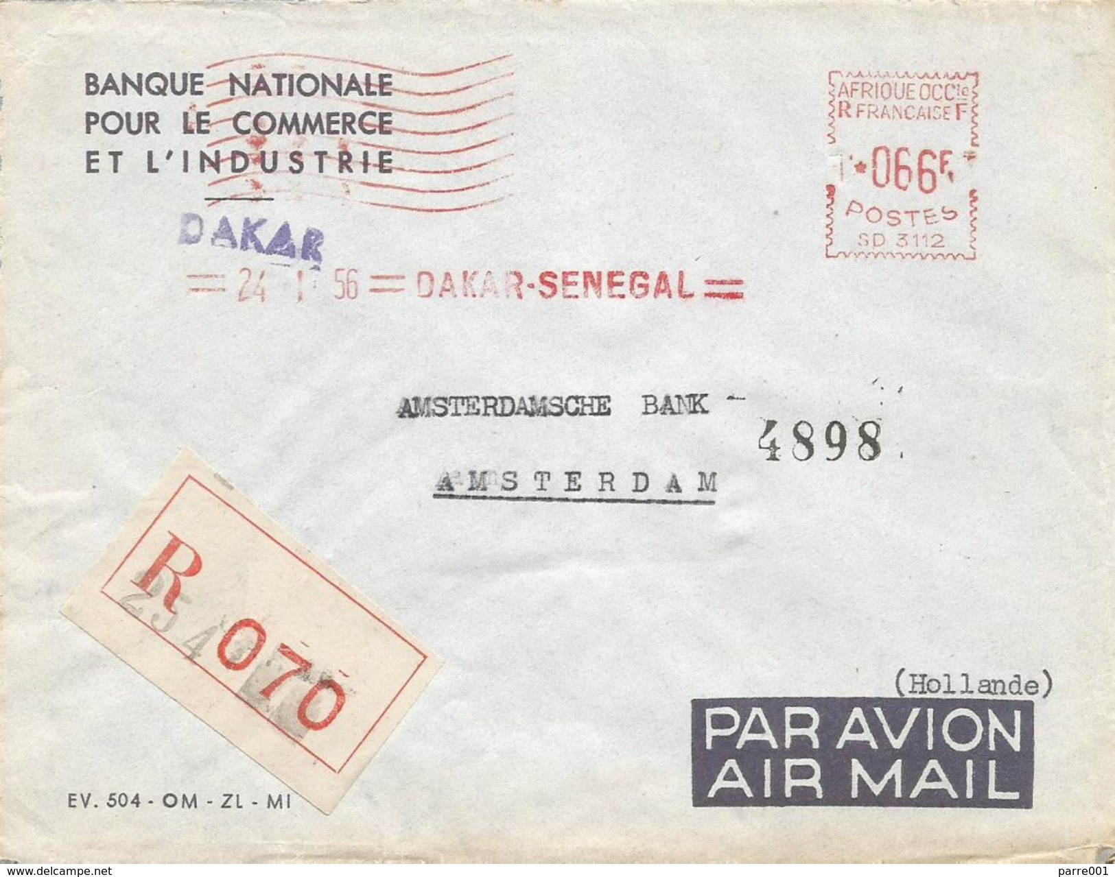 Senegal AOF 1956 Dakar Satas &ldquo;SD&rdquo; 3112 EMA Meter Registered Cover - Brieven En Documenten