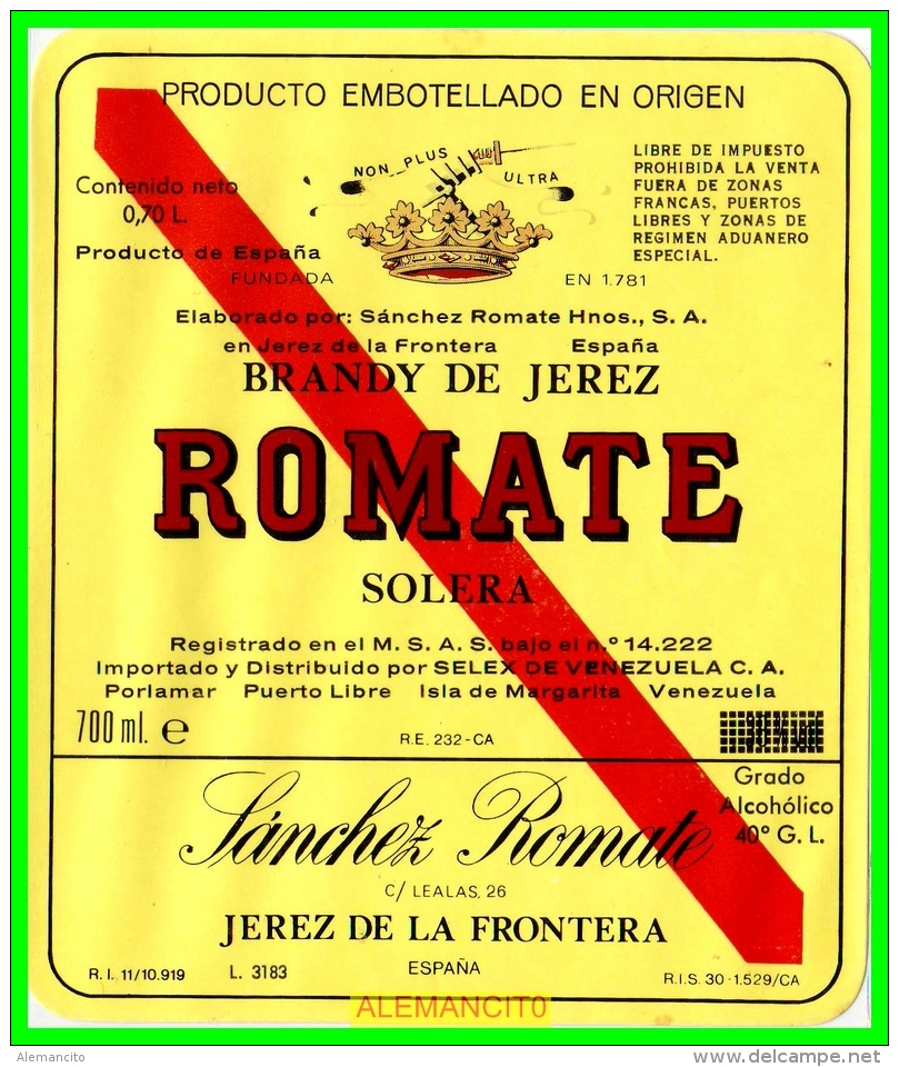 ETIQUETA  BODEGAS  SANCHEZ ROMATE  JEREZ DE LA FRONTERA - Otros & Sin Clasificación