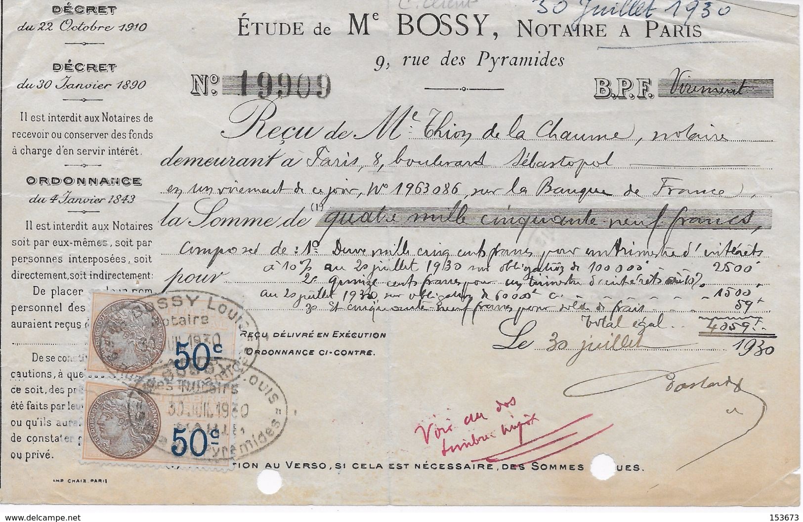 Vieux Papiers : Reçu Notaire Me Bossy Paris 30-07-1930 Avec 9 Timbres Fiscaux - Autres & Non Classés