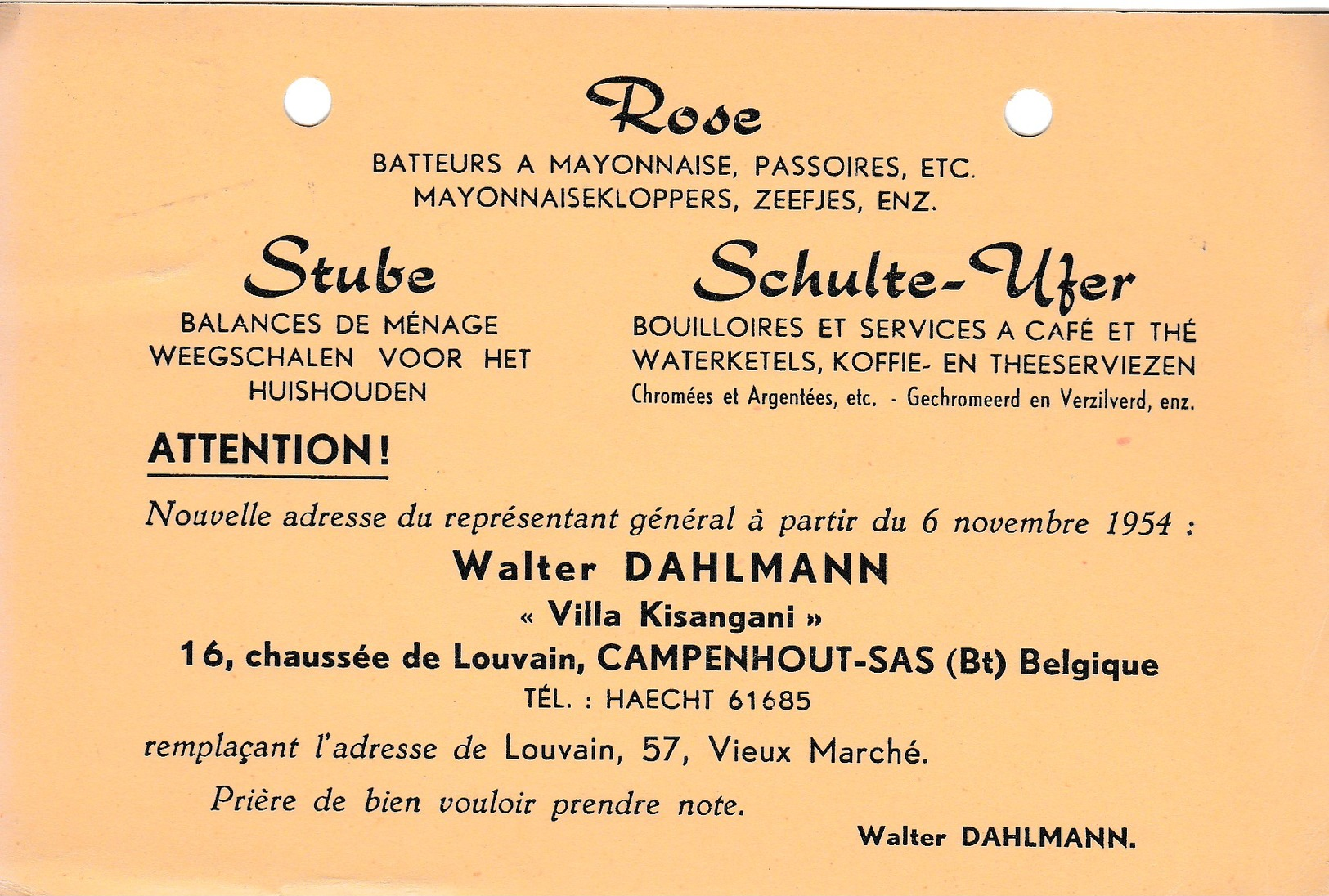 Campenhout-Sas ,(Kampenhout),carte Publicité ,Walter Dahlmann "villa Kisangani" - Kampenhout