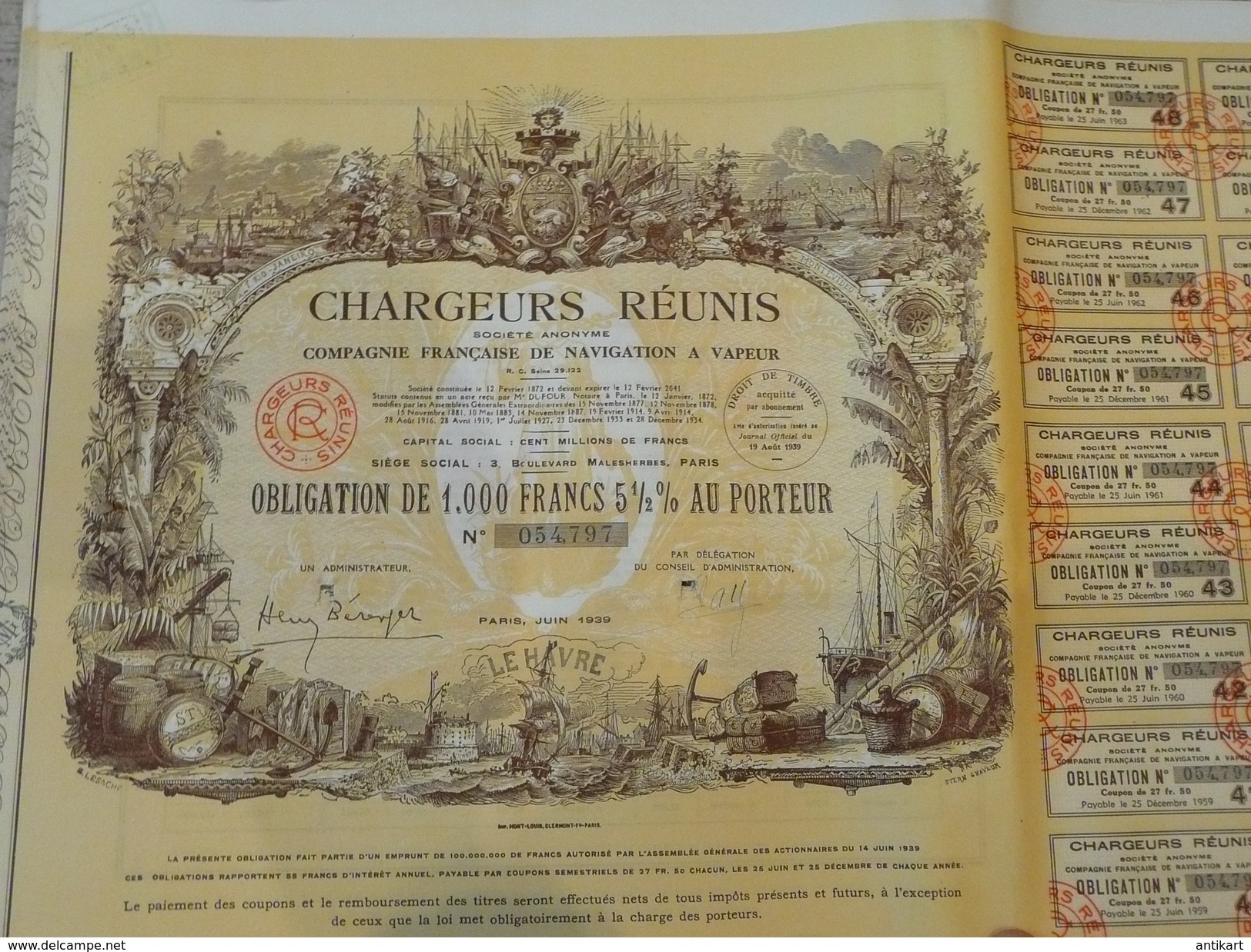 Chargeurs Réunis Société Anonyme Compagnie Française De Navigation A Vapeur 1000 Francs 5,5% 1939 - Navigation