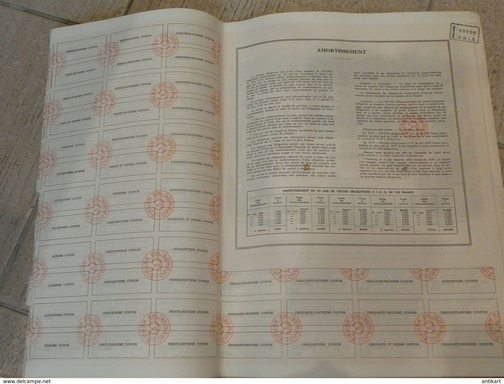 Chargeurs Réunis Société Anonyme Compagnie Française De Navigation A Vapeur 1000 Francs 5,5% 1939 - Navigation