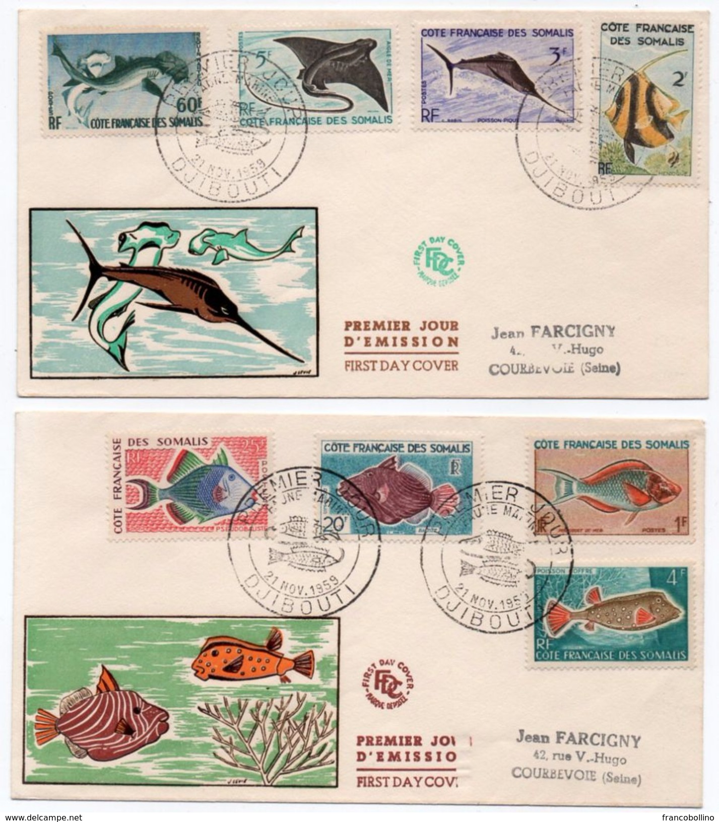 COTE FRANCAISE DES SOMALIS / DJIBOUTI 1959 - LOT N.2 FDC FAUNE MARINE / FISHES - Lettres & Documents