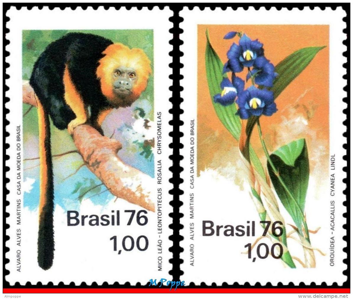 Ref. BR-1438-39 BRAZIL 1976 ANIMALS &amp; FAUNA, NATURE PROTECTION, ORCHID, AND MONKEY, MI# 1534-35, MNH 2V Sc# 1438-143 - Unused Stamps