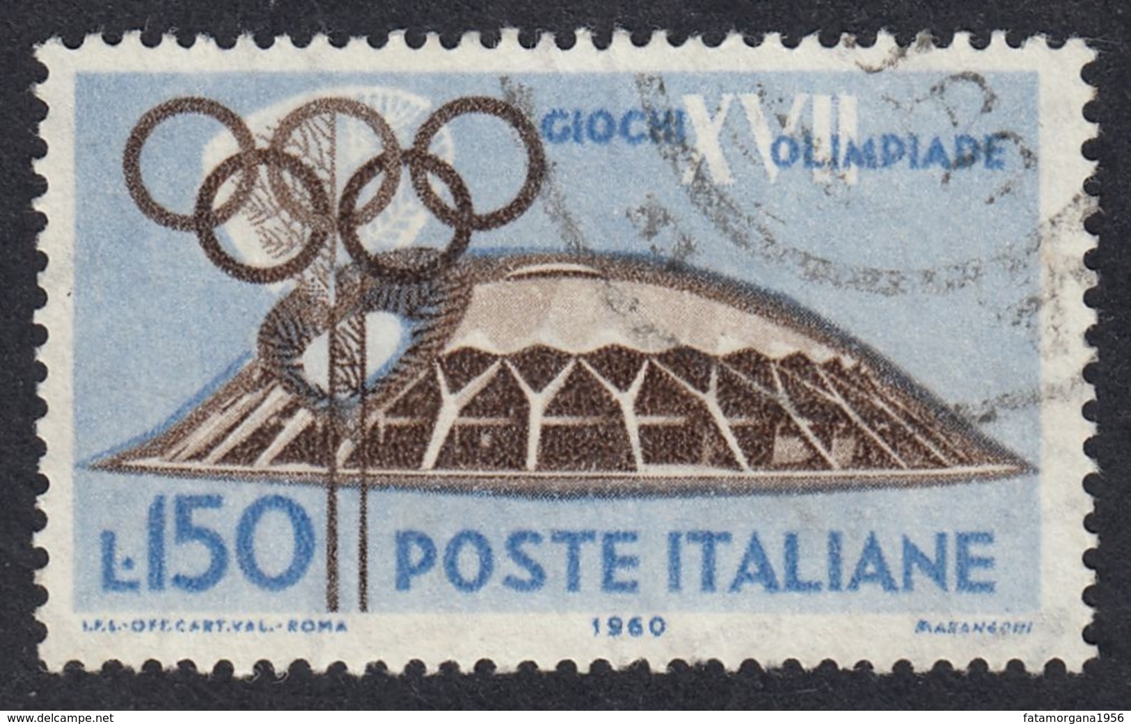 ITALIA - ITALY - 1960 - Yvert 819, Usato; 150 Lire, Blu E Sepia, Giochi Olimpici Di Roma: Palazzetto Dello Sport. - 1946-60: Usati