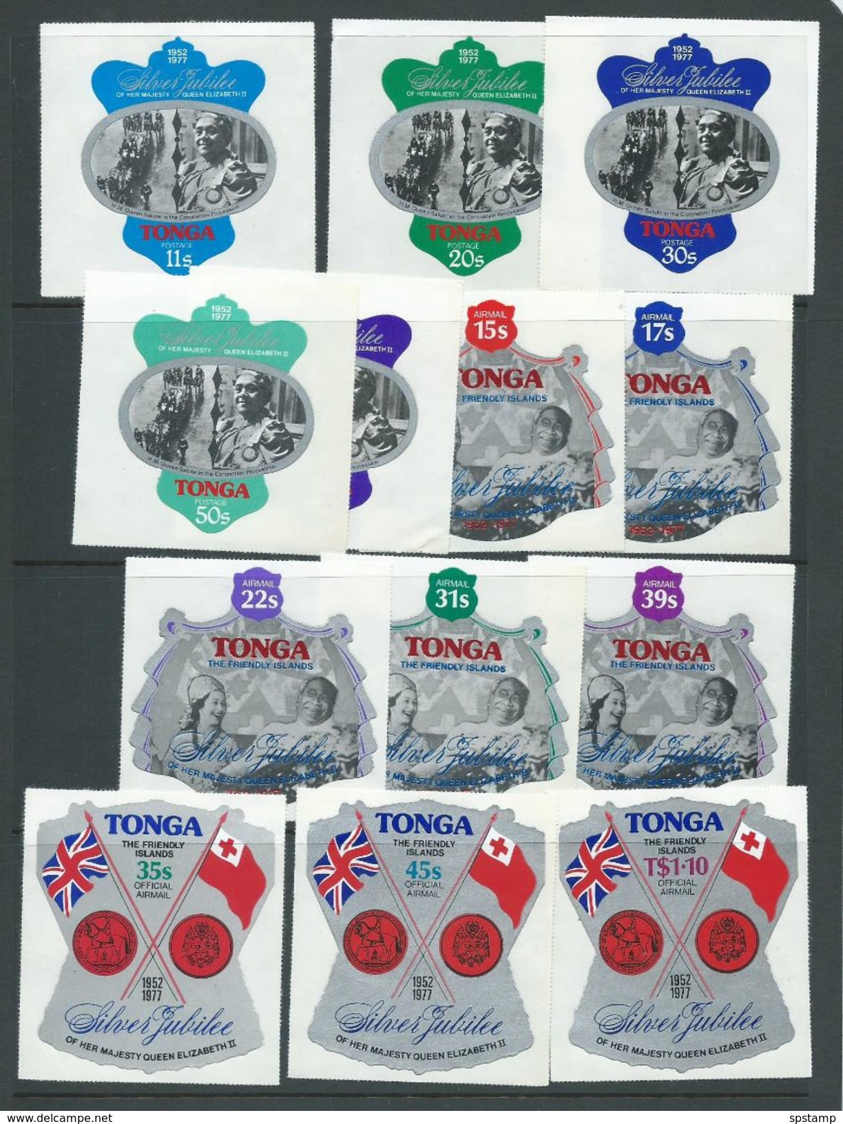 Tonga 1977 Silver Jubilee Set Of 13 Self Adhesives MNH , 20s Postage With Tiny Backing Paper Fault - Tonga (1970-...)