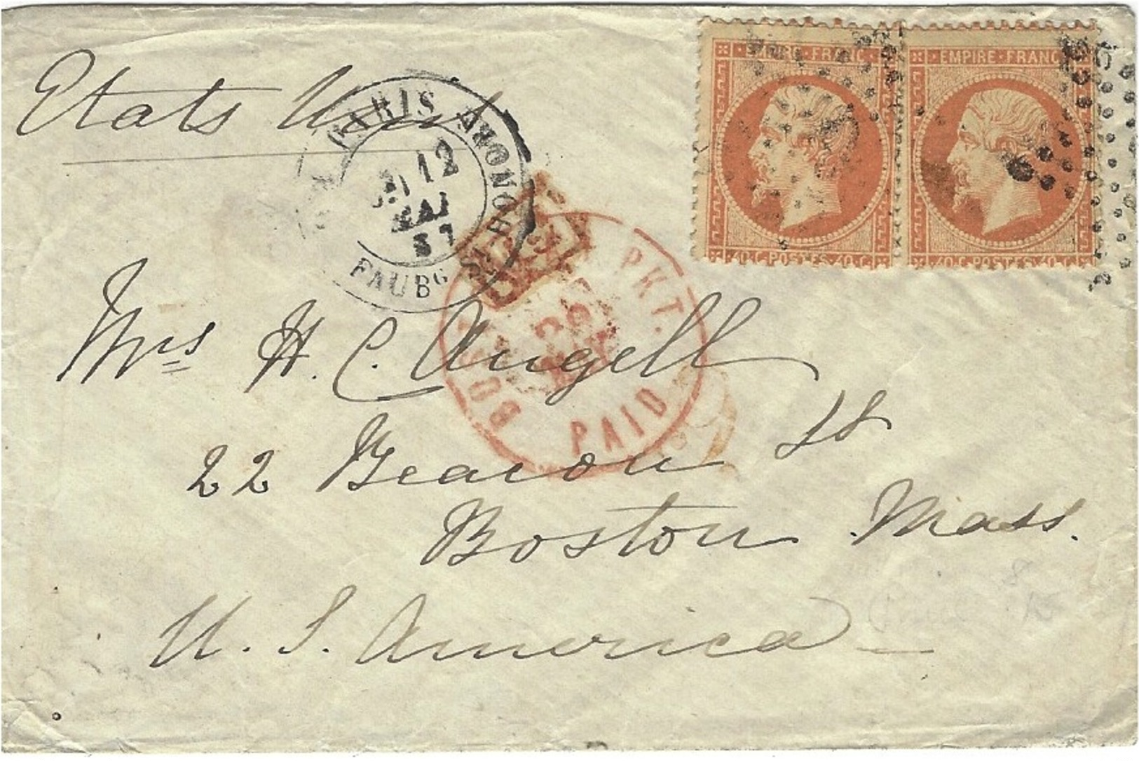 1867- Petite Enveloppe Affr. Paire N°16 De Paris PL. Du FAUBg St.HONORE  étoile 9    Pour Boston ( Etats Unis ) - 1849-1876: Période Classique