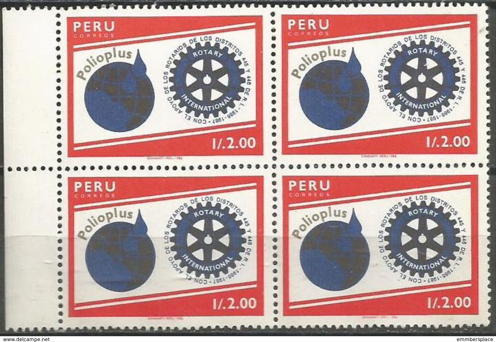 Peru - 1988 Rotary International Block Of 4 MNH **      Sc 931 - Peru