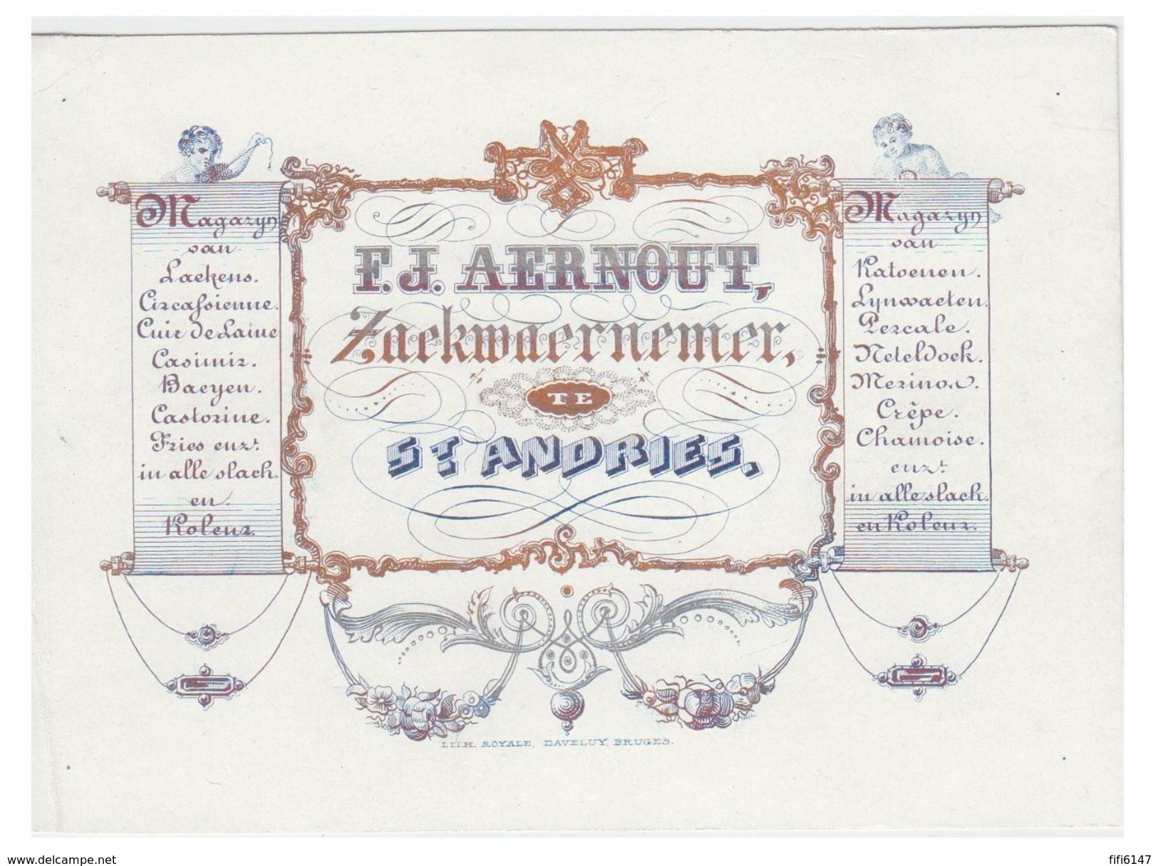 Carte Porcelaine Lithographiée (19e S.) / Porseleinkaart / BRUGGE SINT ANDRIES / F.J.AERNOUT/ TISSUS COTONNADES - Brugge