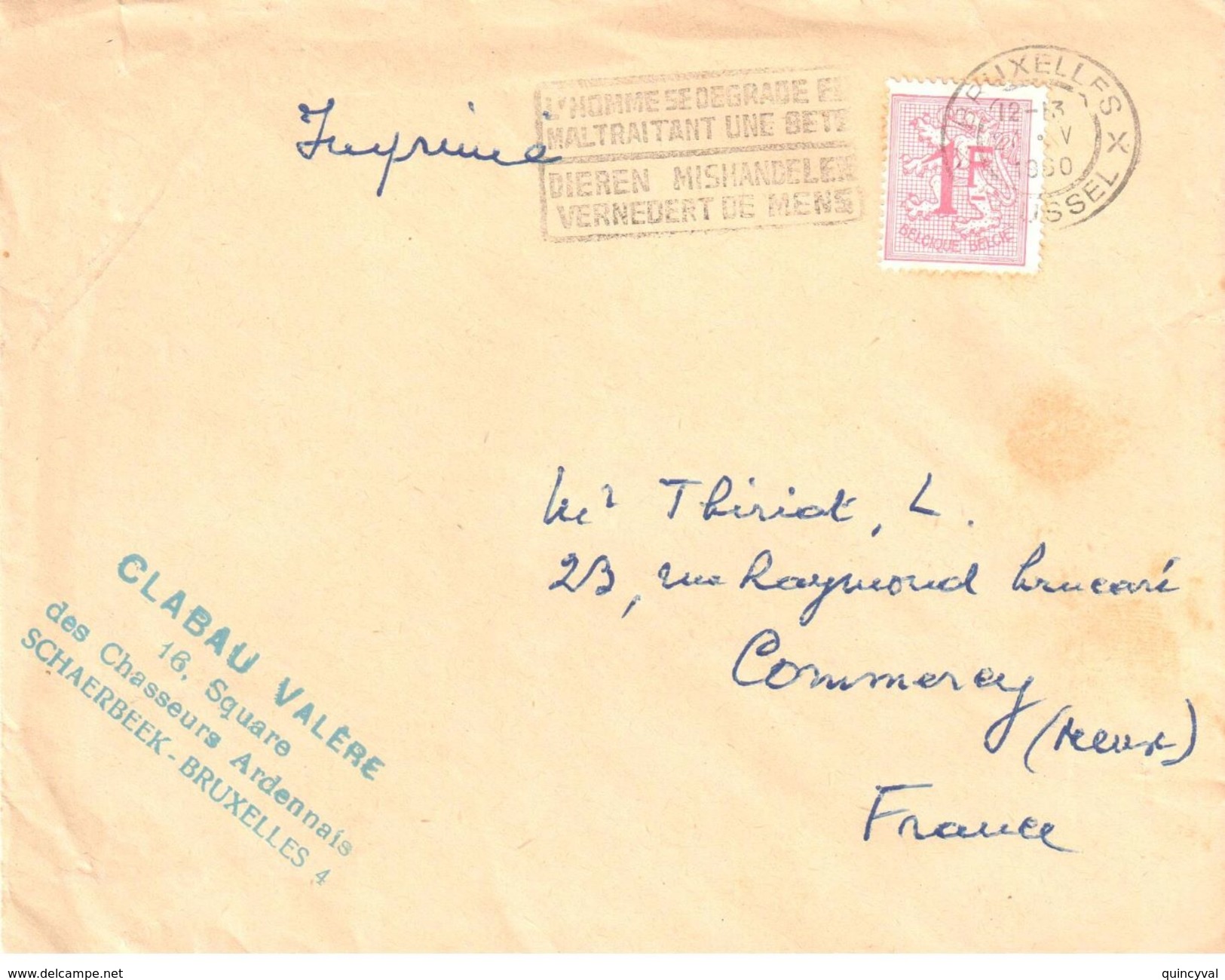 4076 Belgique Imprimé Destination France Commercy Meuse 1F Lion Blason Ob 27 5 1960 BRUXELLES Protection Animal - Cartas & Documentos