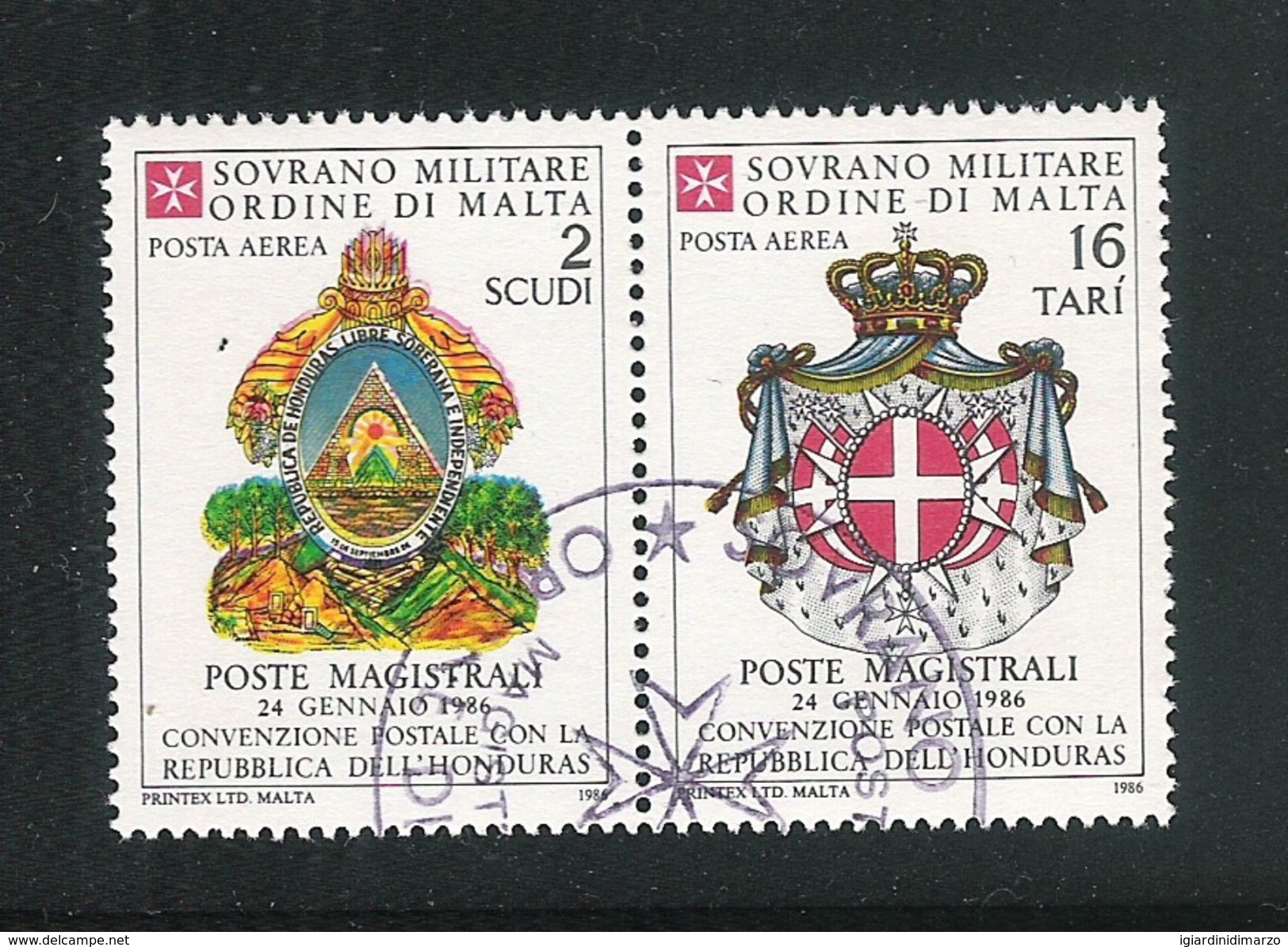 S.M.O.M. SOVRANO MILITARE ORDINE DI MALTA - 1986: 2 Valori Obliterati Di P.A. - Convenzione Postale Con L' HONDURAS. - Malte (Ordre De)