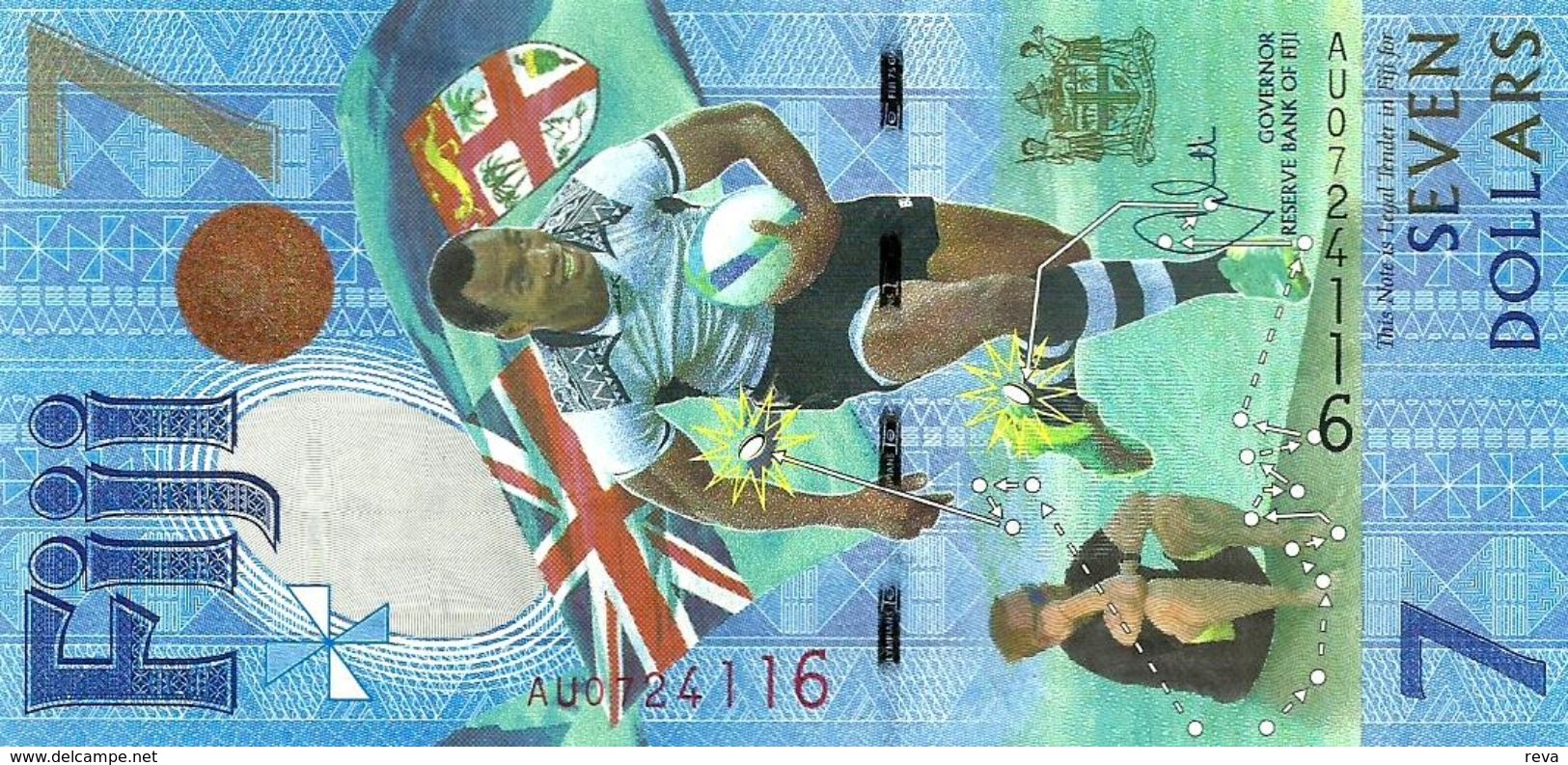 FIJI ISLANDS $7 BLUE MAN RUGBY SPORT FRONT OLYMPIC TEAM BACK POLYMER 2016 UNC P.? READ DESCRIPTION !! - Fidji