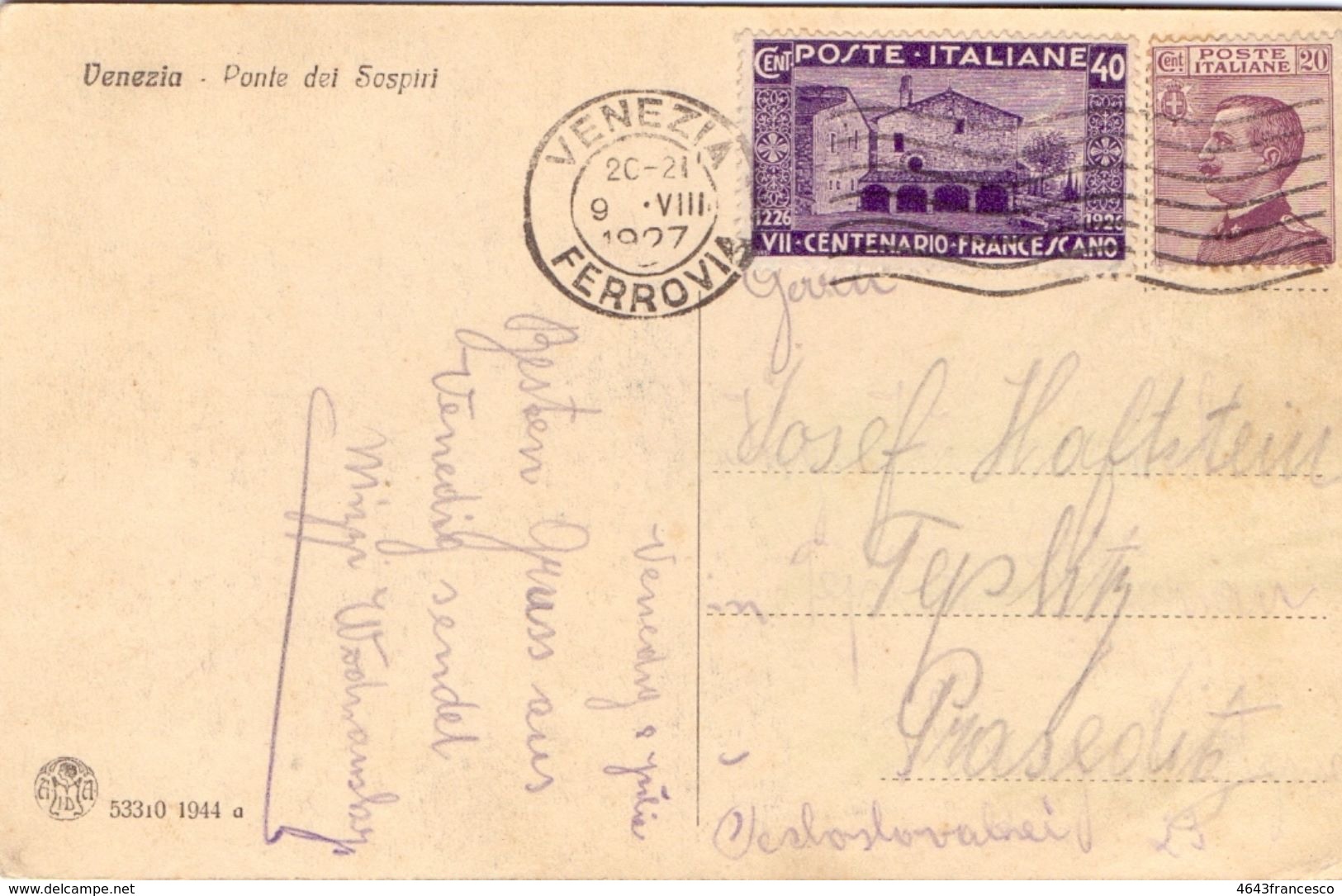 1927 Cartolina Da Venezia Per Cecoslovacchia Con S.Francesco 40c  017 - Storia Postale