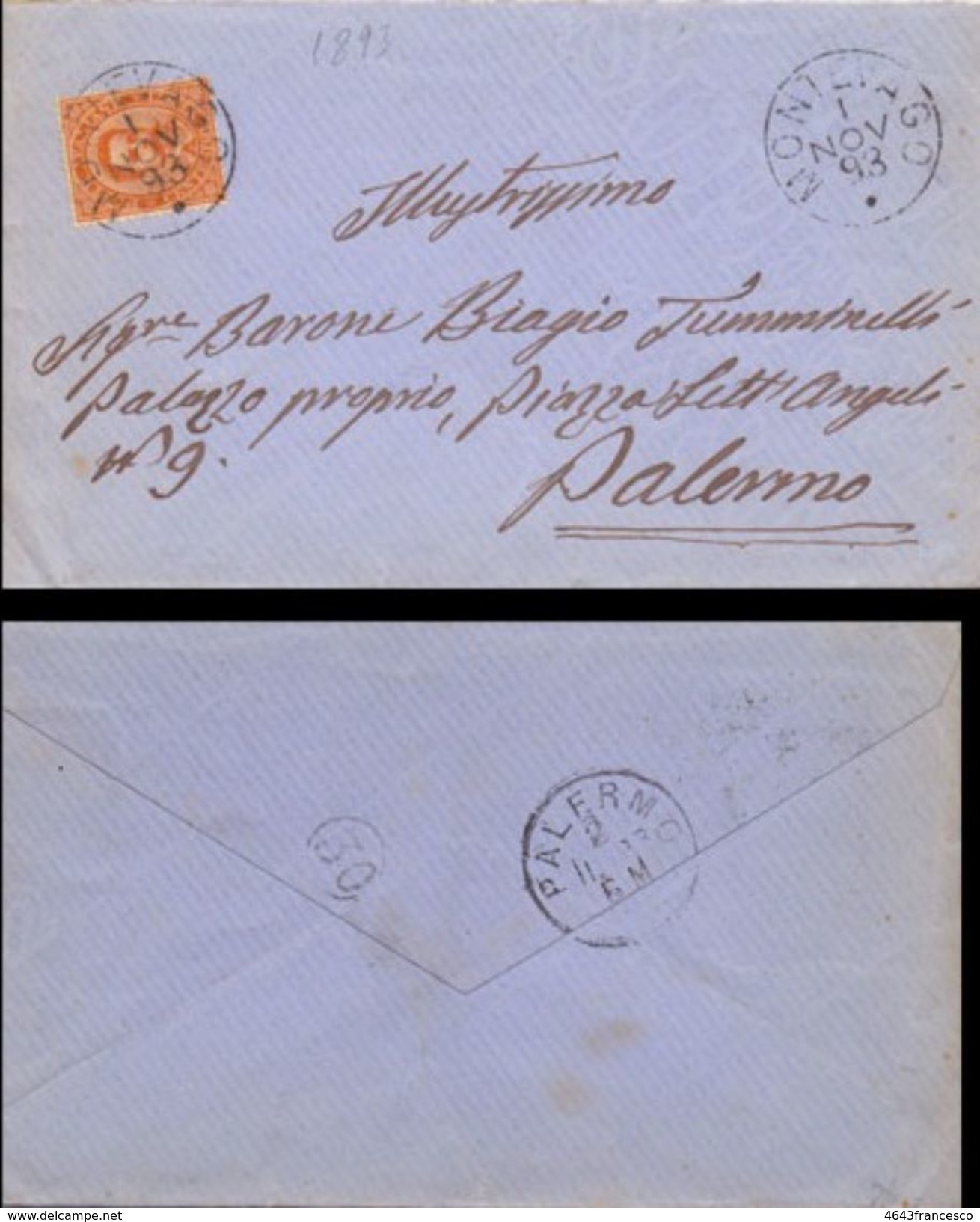 1893 Al Barone Tumminello Per Palermo Da Montevago   017 - Storia Postale