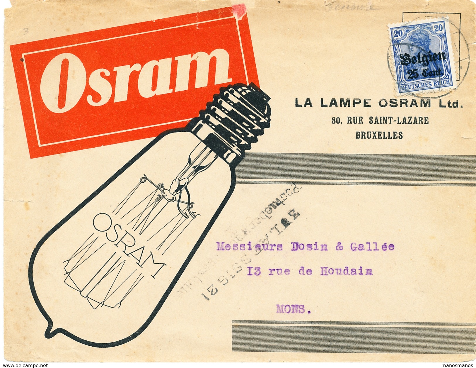 557/25 - THEME LAMPES/AMPOULES - Belgique 14/18 Lettre TB Illustrée OSRAM Bruxelles Vers MONS + Censure - Non Classés