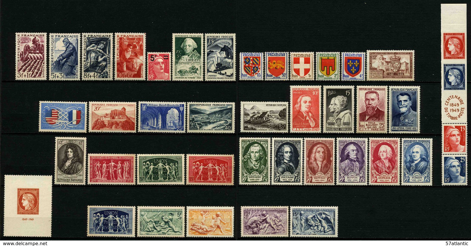 FRANCE - ANNEE COMPLETE 1949 - YT 823 à 862 ** - 42 TIMBRES NEUFS ** - 1940-1949