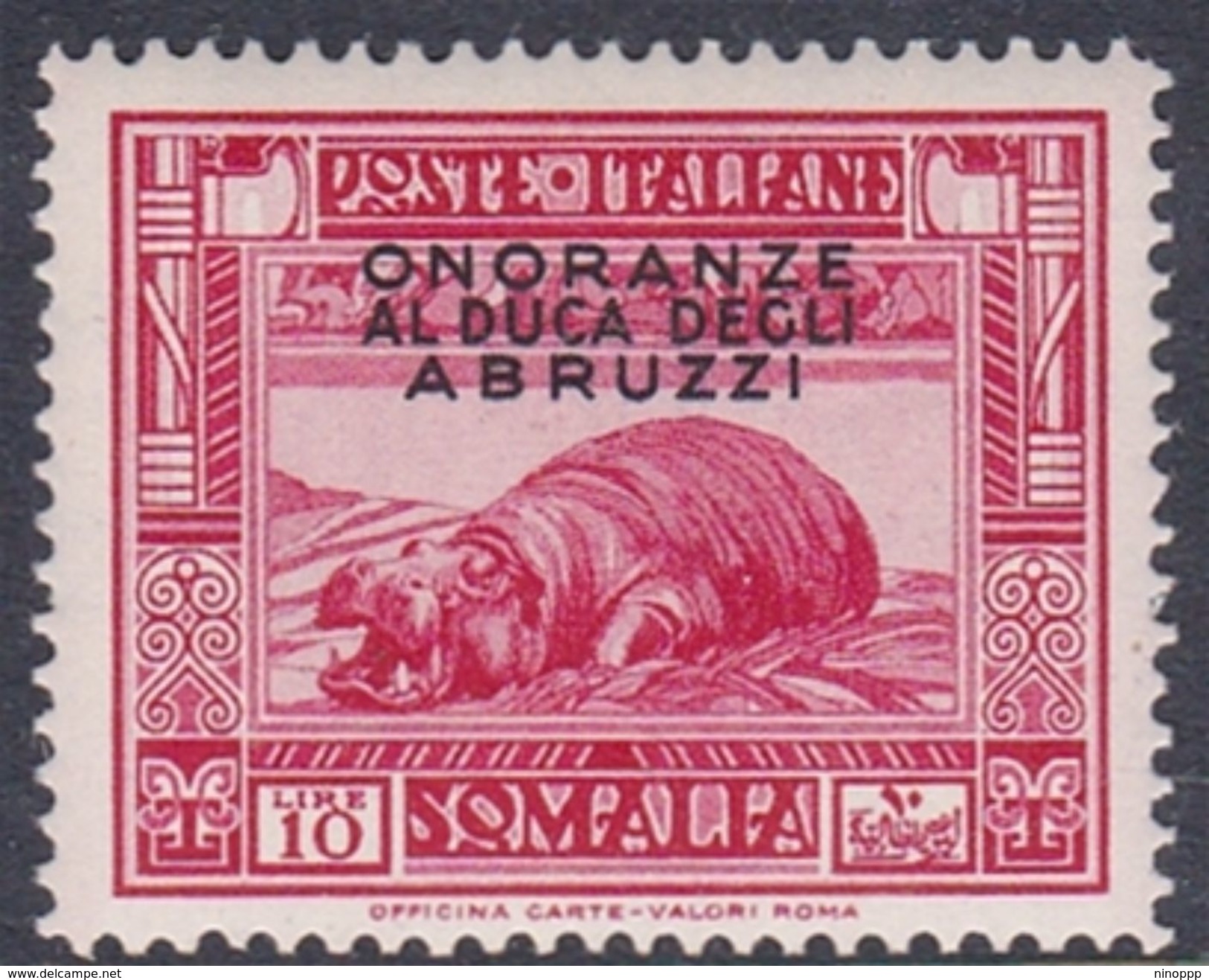 Italy-Colonies And Territories-Somalia S190 1934 Honouring The Duke Of Abruzzi 10 Lire Red Hippopotamus, MH - Somalie