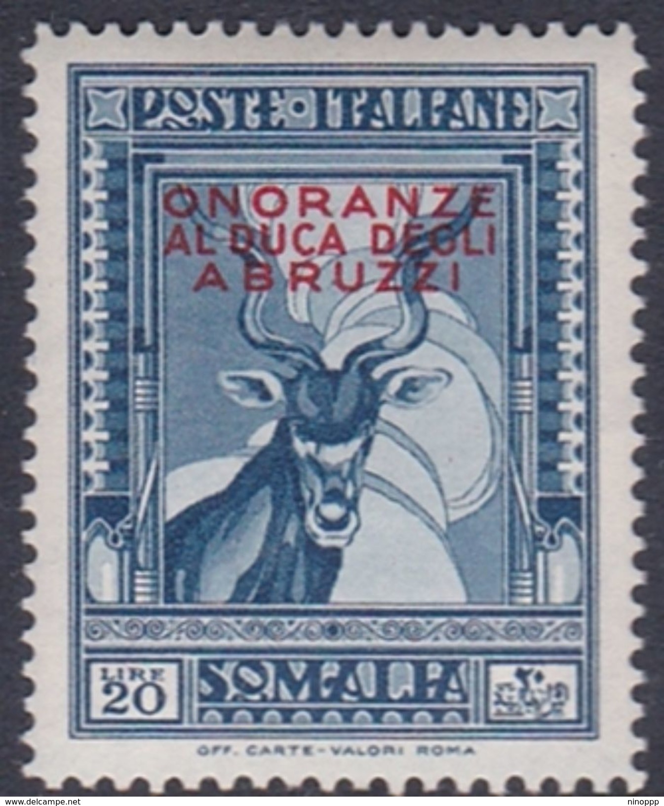 Italy-Colonies And Territories-Somalia S191 1934 Honouring The Duke Of Abruzzi 20 Lire Grey Blue Lesser Kudu, MH - Somalia