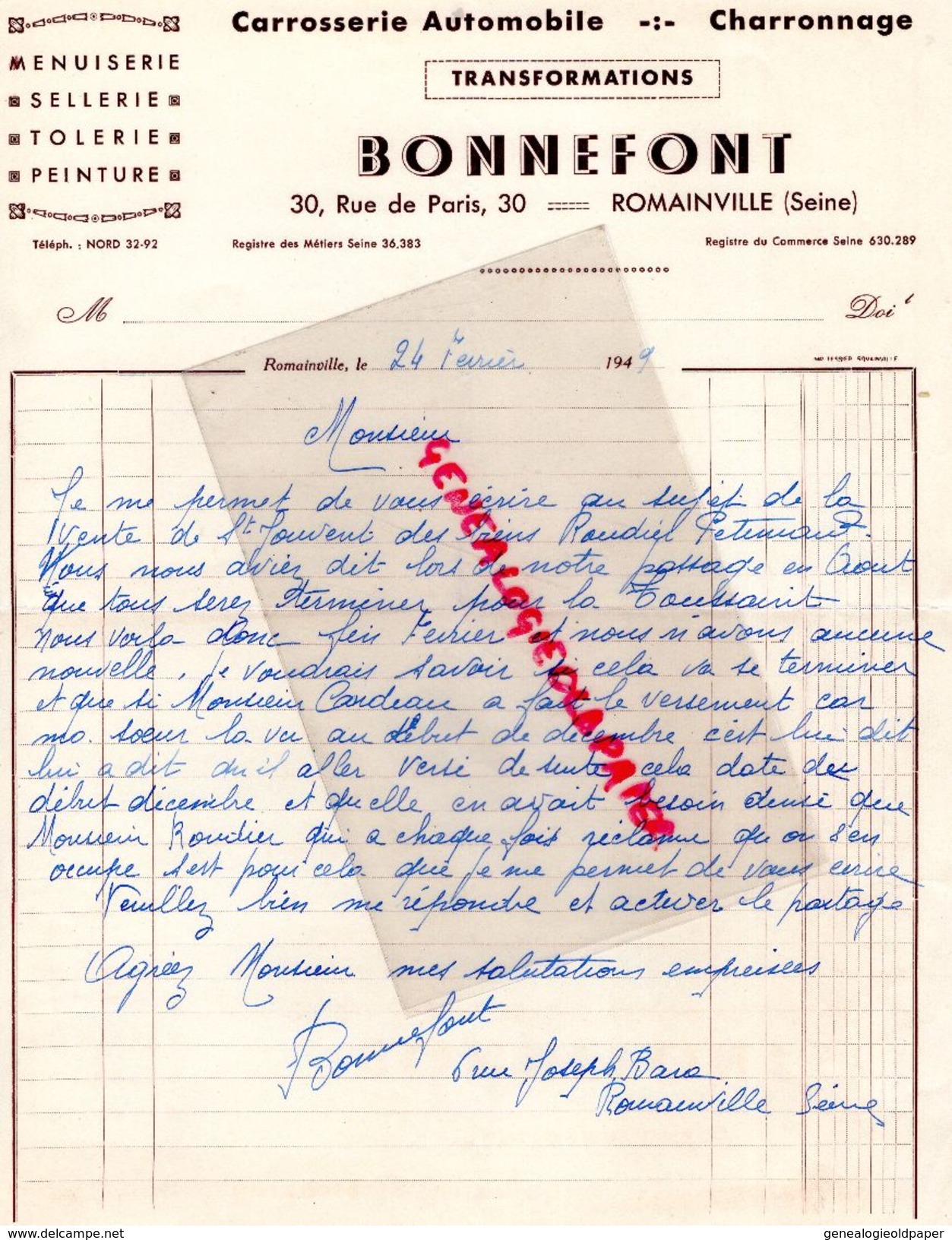 93 - ROMAINVILLE - LETTRE MANUSCRITE SIGNEE BONNEFONT- CARROSSERIE AUTOMOBILE -CHARRONNAGE-SELLERIE-30 RUE PARIS-1949 - Cars