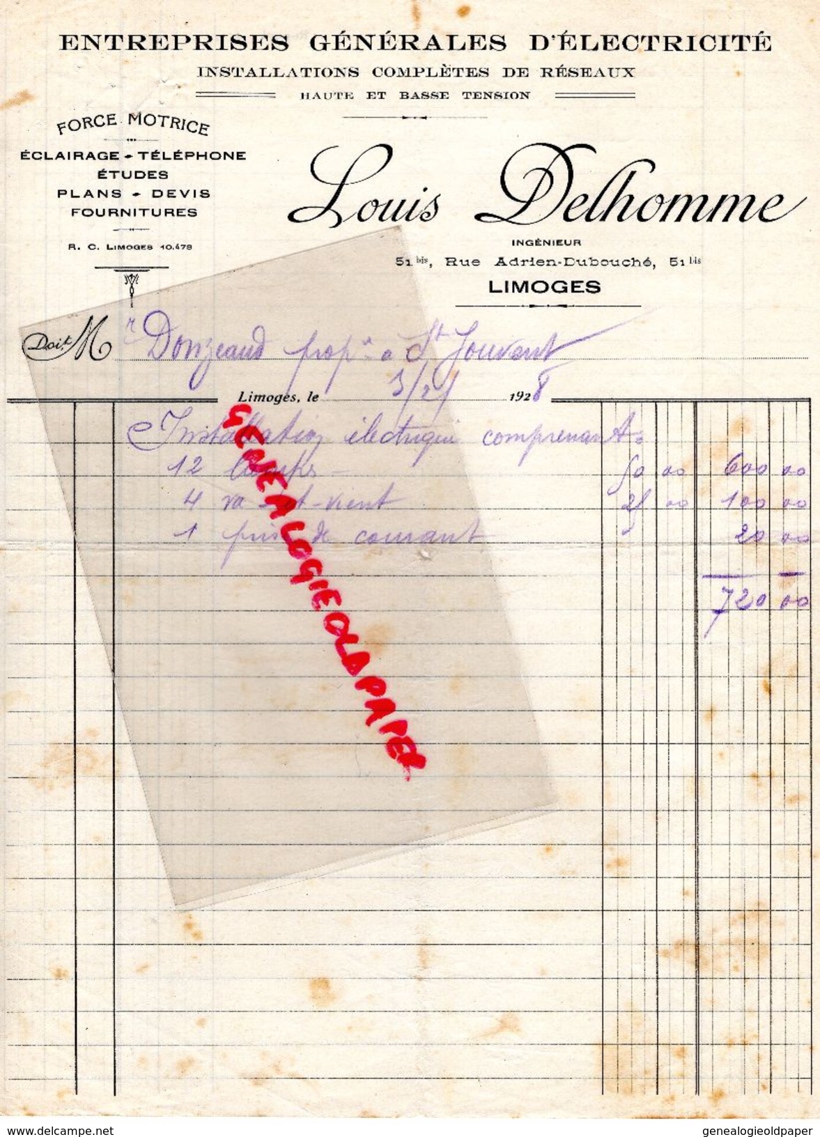 87 - LIMOGES - FACTURE LOUIS DELHOMME -INGENIEUR 51 RUE ADRIEN DUBOUCHE- ELECTRICITE FORCE MOTRICE- 1928 - Electricity & Gas