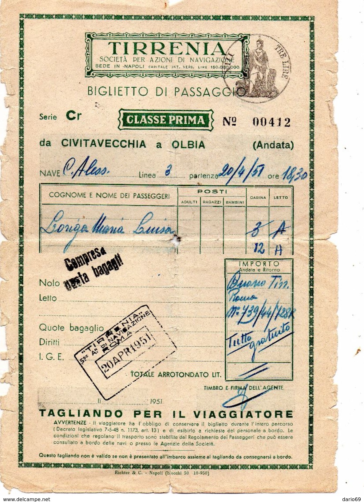 1951 BIGLIETTO DI PASSAGGIO PRIMA CLASSE TIRRENIA - Europe