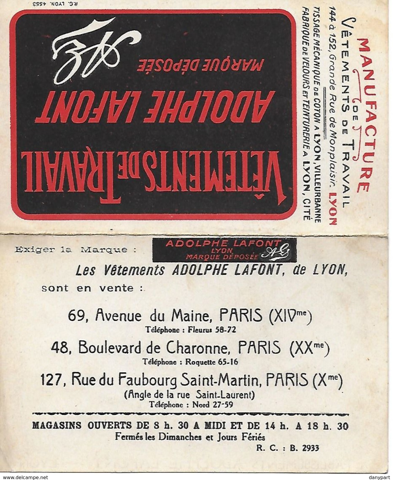 ADOLPHE LAFONT VETEMENTS DE TRAVAIL CALENDRIER 1927 TRES BON ETAT - Tamaño Pequeño : 1921-40