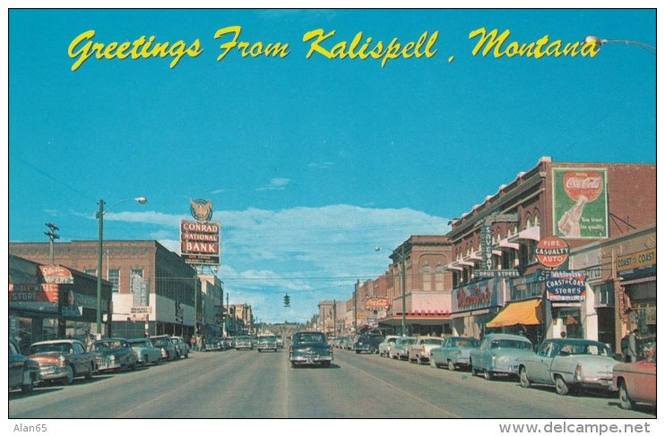 Kalispell Montana, Business District Street Scene, Autos, Signs, C1950s Vintage Postcard - Kalispell