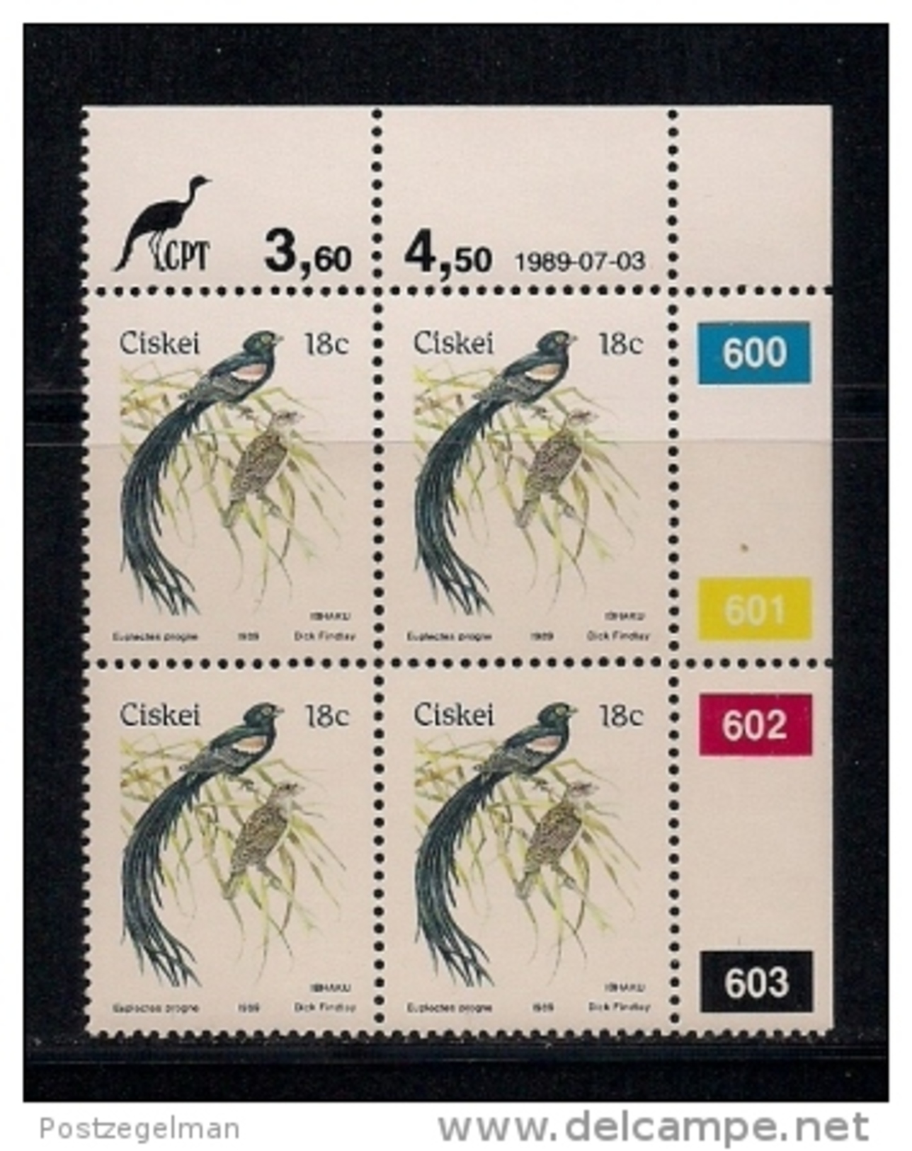 CISKEI, 1989, MNH Control Block Stamps, Definitive 18 Cent Bird,  M 157 - Ciskei
