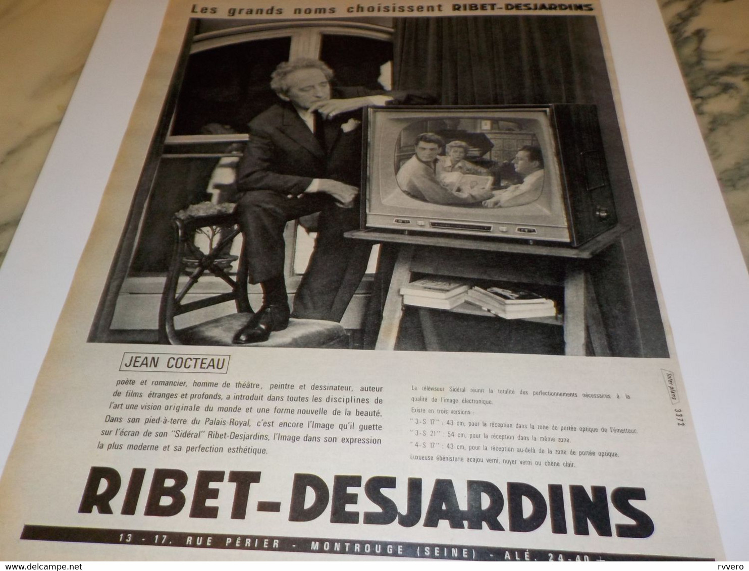 ANCIENNE   PUBLICITE TELEVISION AVEC JEAN COCTEAU ET RIBET JARDINS 1960 - Fernsehgeräte