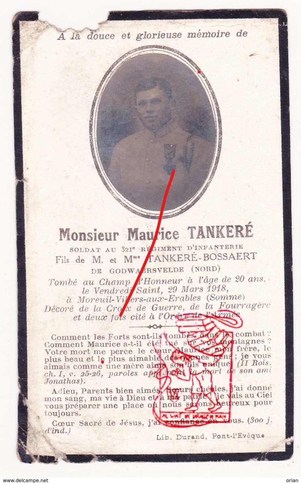 DP Gesneuveld Guerre Tombé 14-18 Soldat Maurice Tankeré  Bossaert ° Godewaarsvelde &dagger; Moreuil Villers-aux-Érables - Images Religieuses