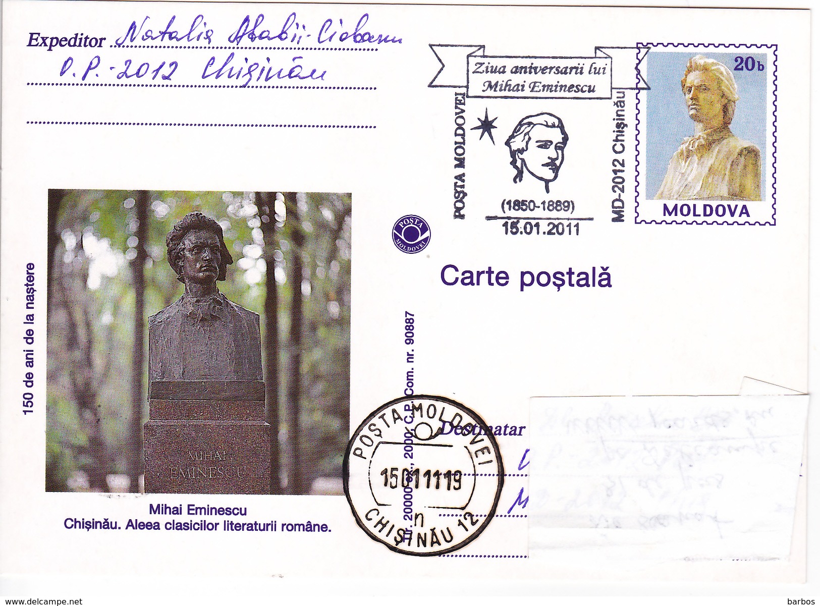 Moldova , Moldavie , Moldau ; 2011 ,  Poet M.Eminescu ; Special Cancell - Moldova