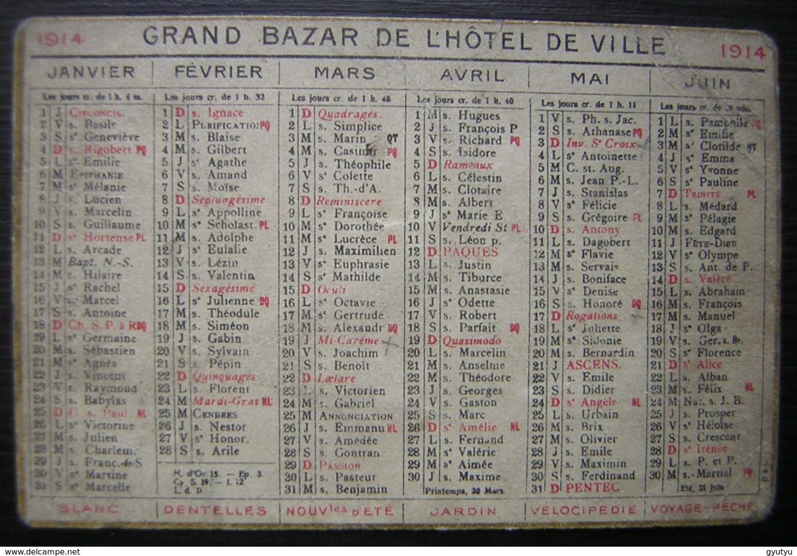 1914 Calendrier Grand Bazar De L'Hôtel De Ville Petit Format - Formato Piccolo : 1901-20