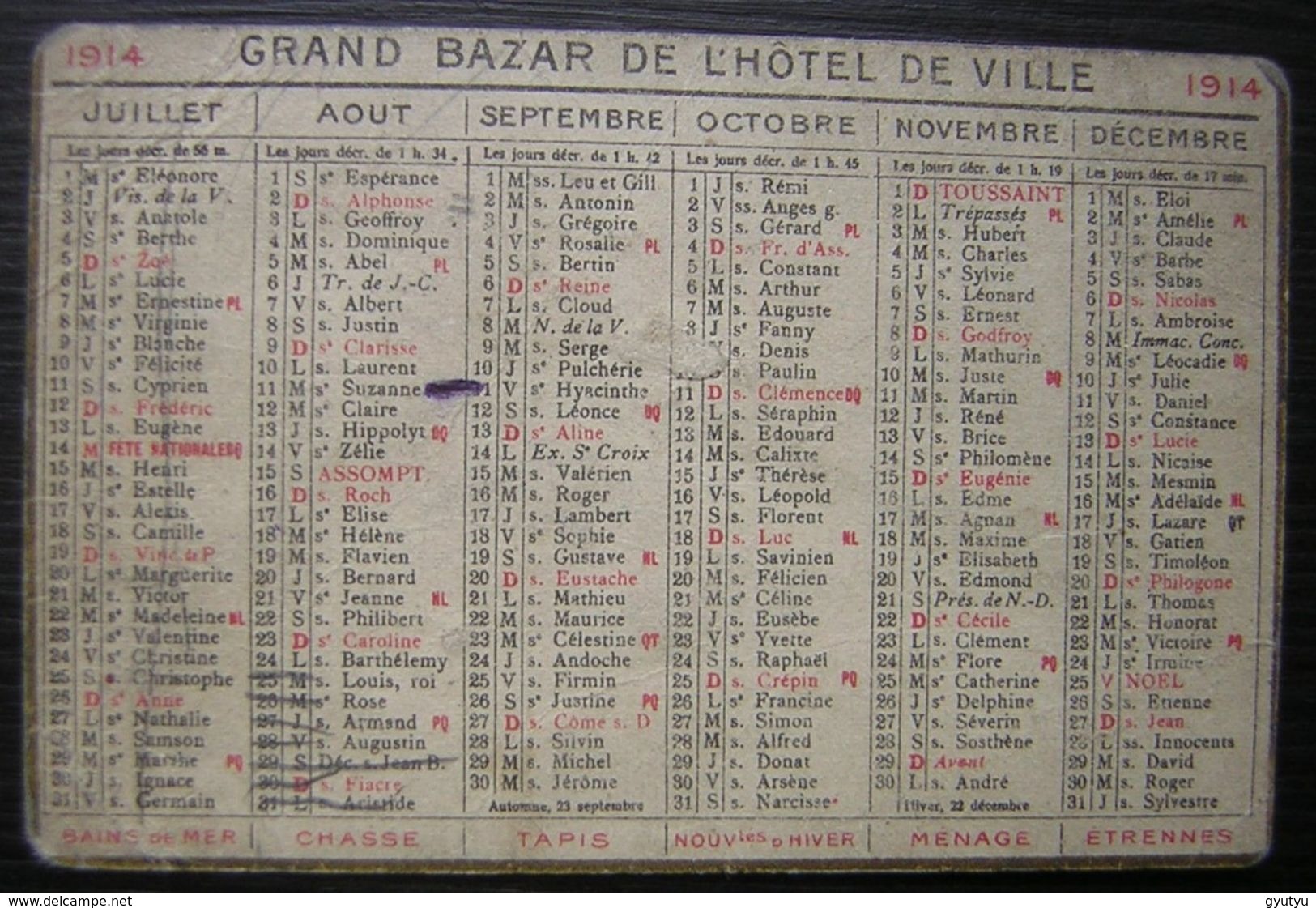 1914 Calendrier Grand Bazar De L'Hôtel De Ville Petit Format - Petit Format : 1901-20