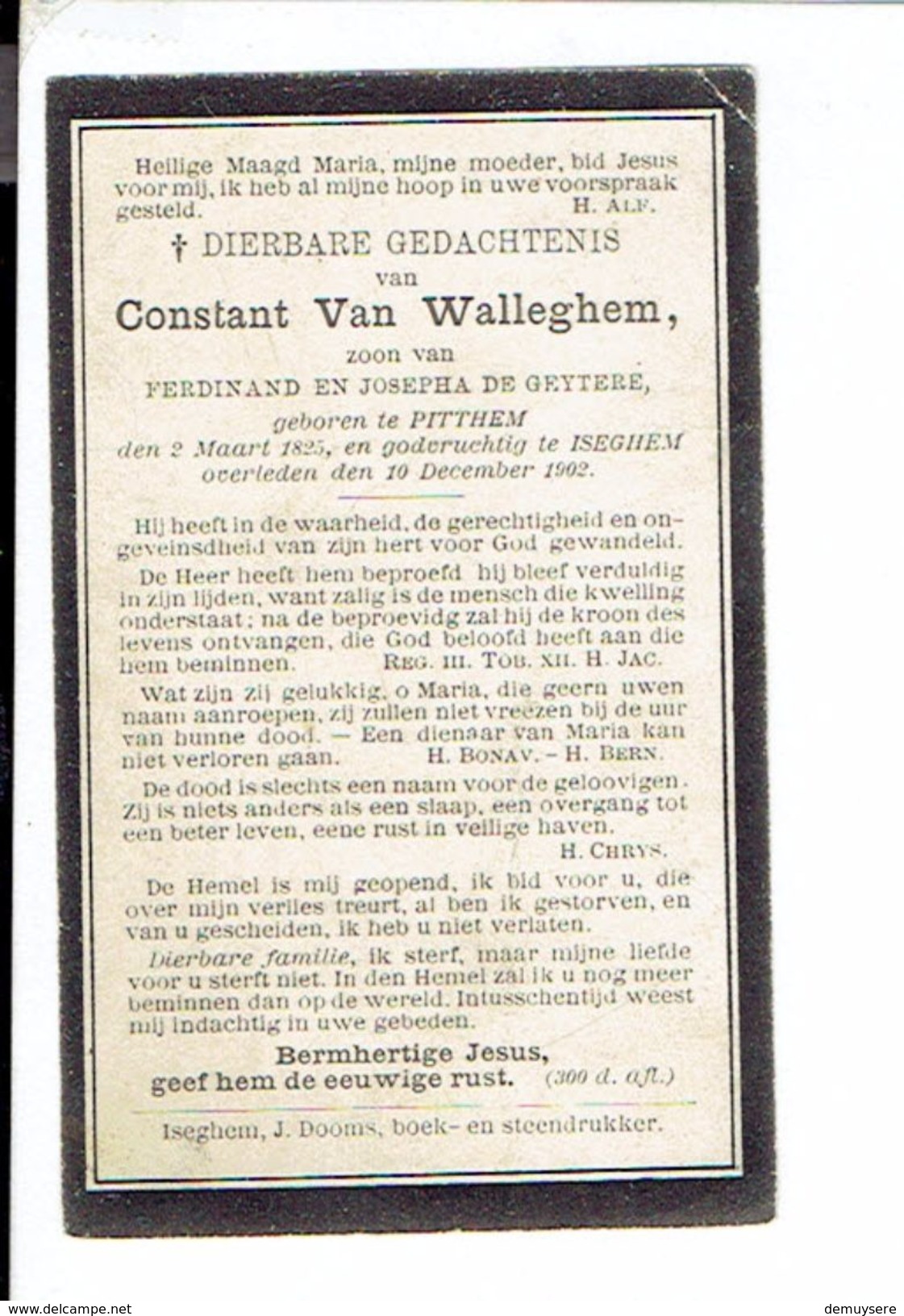 DP 2538 - CONSTANT VAN WALLEGHEM - PITTHEM 1825 + ISEGHEM 1902 - Images Religieuses