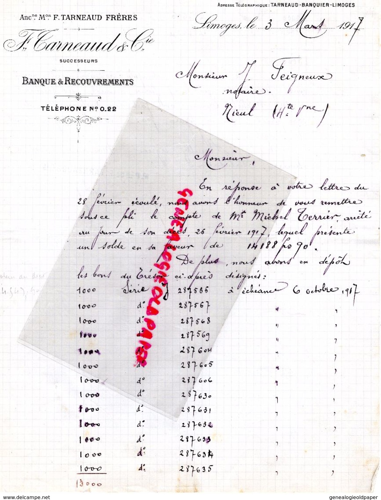 87 - LIMOGES - LETTRE MANUSCRITE F. TARNEAUD- BANQUE RECOUVREMENTS-MICHEL TERRIER-  M. FEIGNEUX NOTAIRE A NIEUL-1917 - Bank & Versicherung