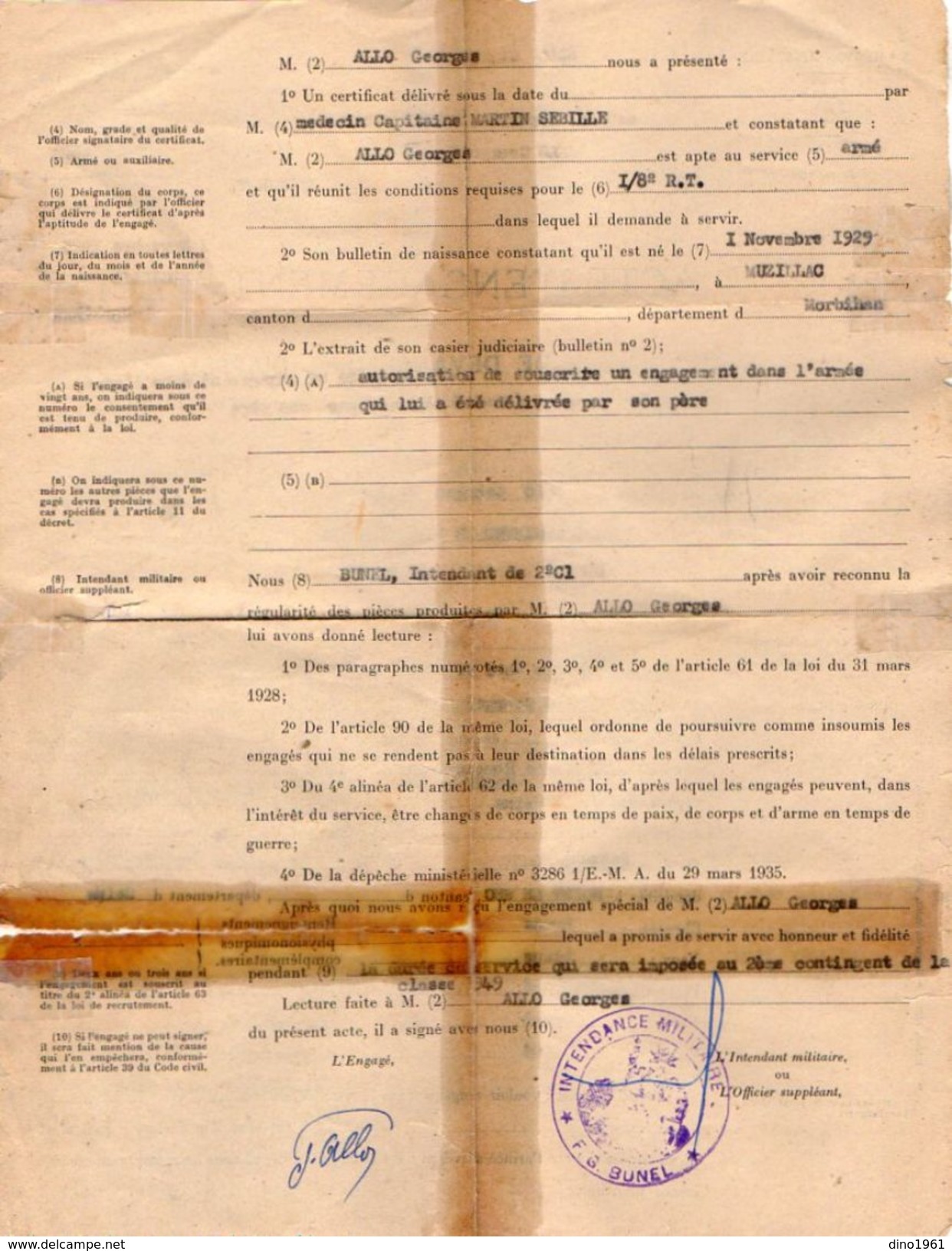 VP10.765 - Militaria - 1949 - PARIS - Acte D'Engagement Spécial Mr ALLO à NOISY LE SEC - Documenti