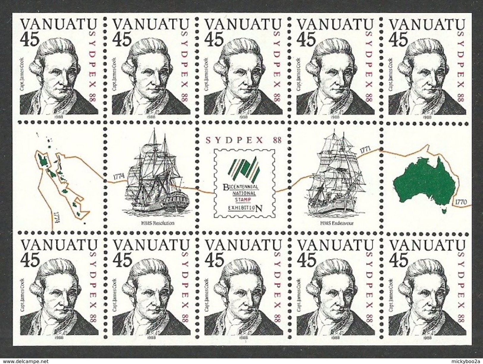 VANUATU 1988 SYDPEX SHIPS ENDEAVOUR RESOLUTION CAPTAIN COOK EXPLORER SHEET MNH - Vanuatu (1980-...)