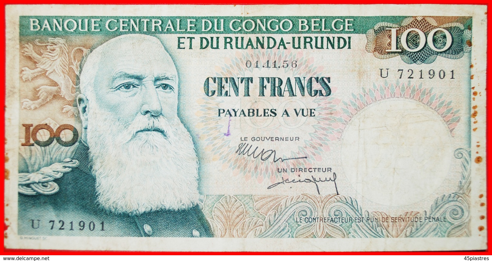 + LEOPOLD II: BELGIAN CONGO - RUANDA-URUNDI &#x2605; 100 FRANCS 1956! LOW START&#x2605; NO RESERVE! - Bank Van Belgisch Kongo