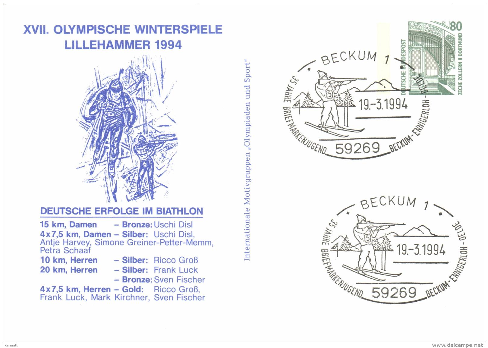 Germany 1994 Postal Stationery Card Cancellation 19-Mar-1994 Beckum, Olympic Winter Games Lillehammer, Biathlon - Winter 1994: Lillehammer