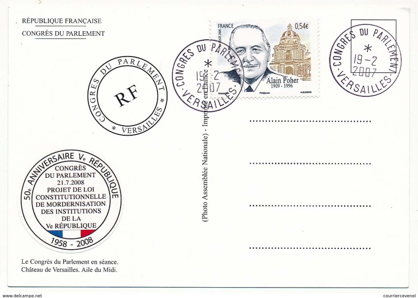 France - Carte Spéciale "Congrès Du Parlement" 19/02/2007 Sur Timbre 0,54E Poher - Brieven En Documenten