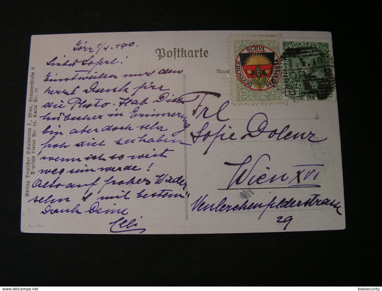 Dt.Schulveein Karte . Lieder Nr. 16 Karte 91 Nach Wien 1910 Vignette - 1900-1949