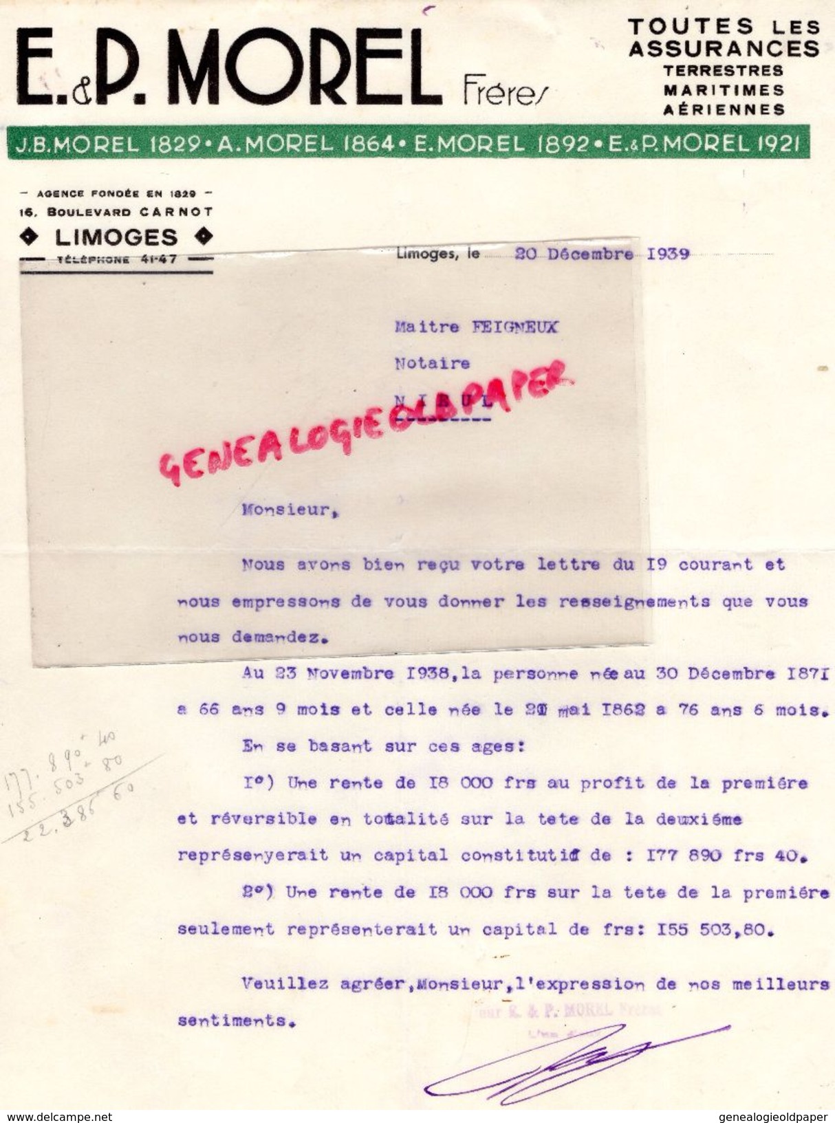 87 - LIMOGES- LETTRE E. & P. MOREL FRERES- ASSURANCES - 16 BOULEVARD CARNOT-1939 - Banque & Assurance