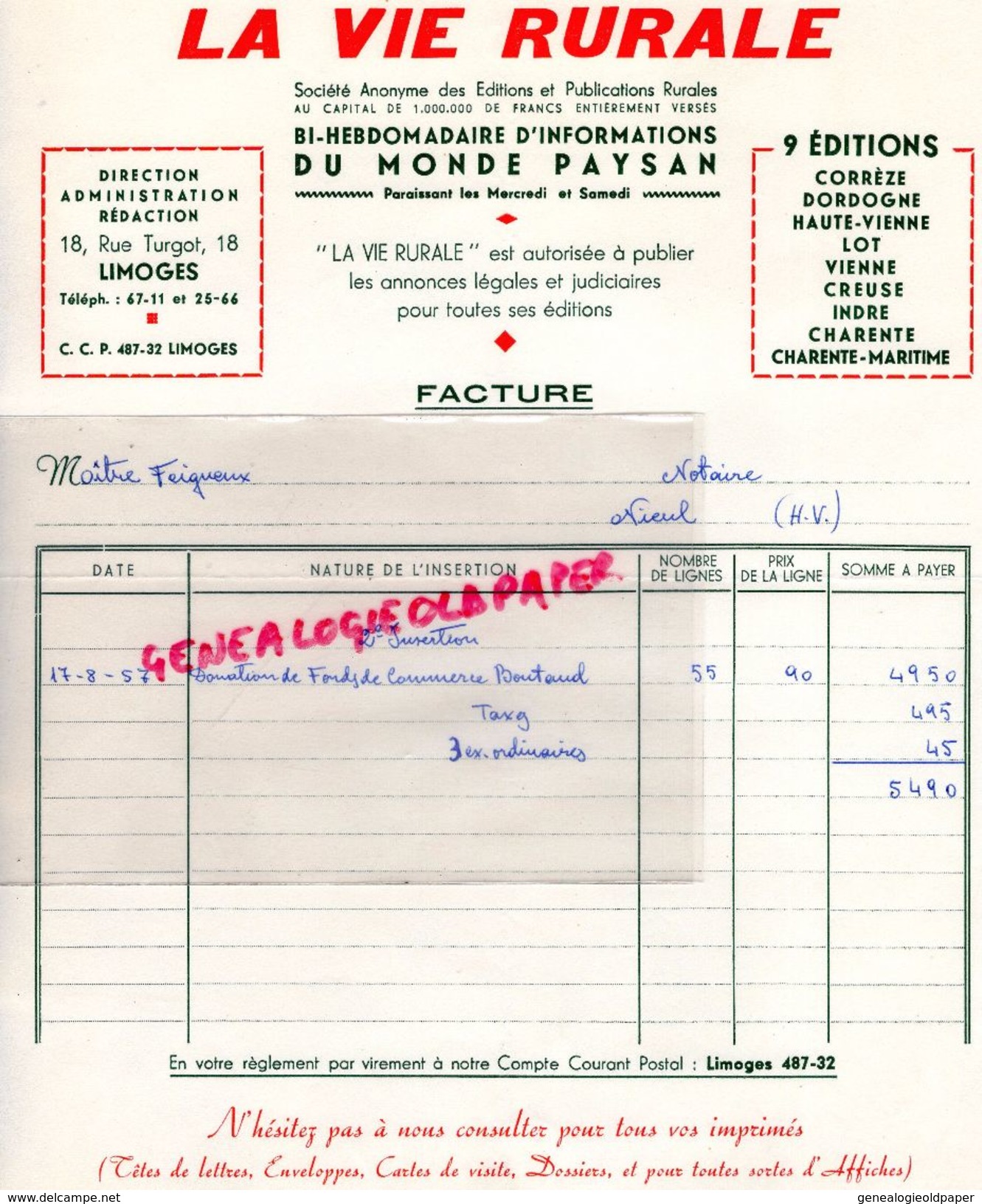 87 - LIMOGES - FACTURE LA VIE RURALE DU MONDE PAYSAN- PRESSE JOURNAL -18 RUE TURGOT- 1957 - Druck & Papierwaren
