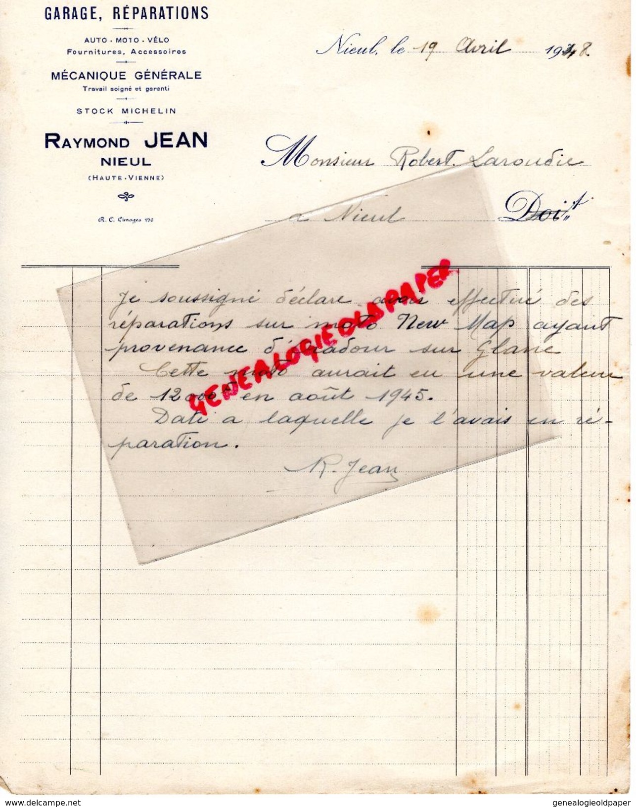 87 - NIEUL- FACTURE RAYMOND JEAN- GARAGE REPARATIONS MECANIQUE-STOCK MICHELIN- 1948- ROBERT LAROUDIE - Automovilismo